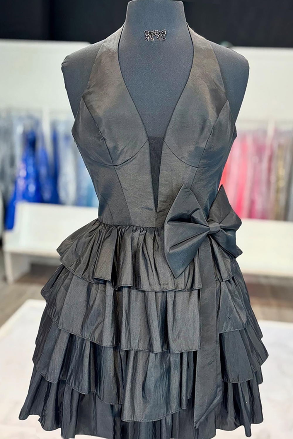 Red Satin Halter Tiered Short Corset Homecoming Dress With Bow