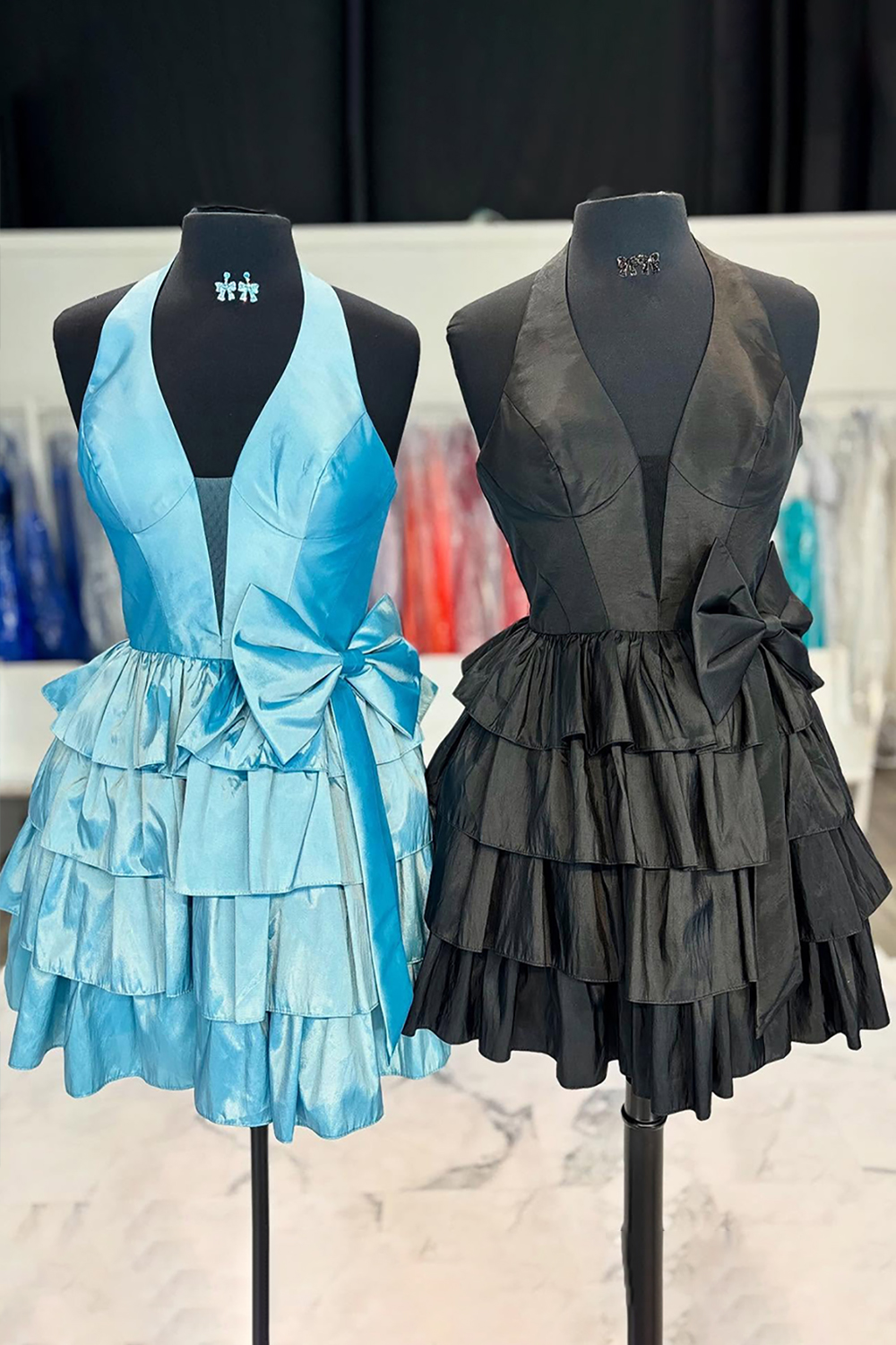 Red Satin Halter Tiered Short Corset Homecoming Dress With Bow