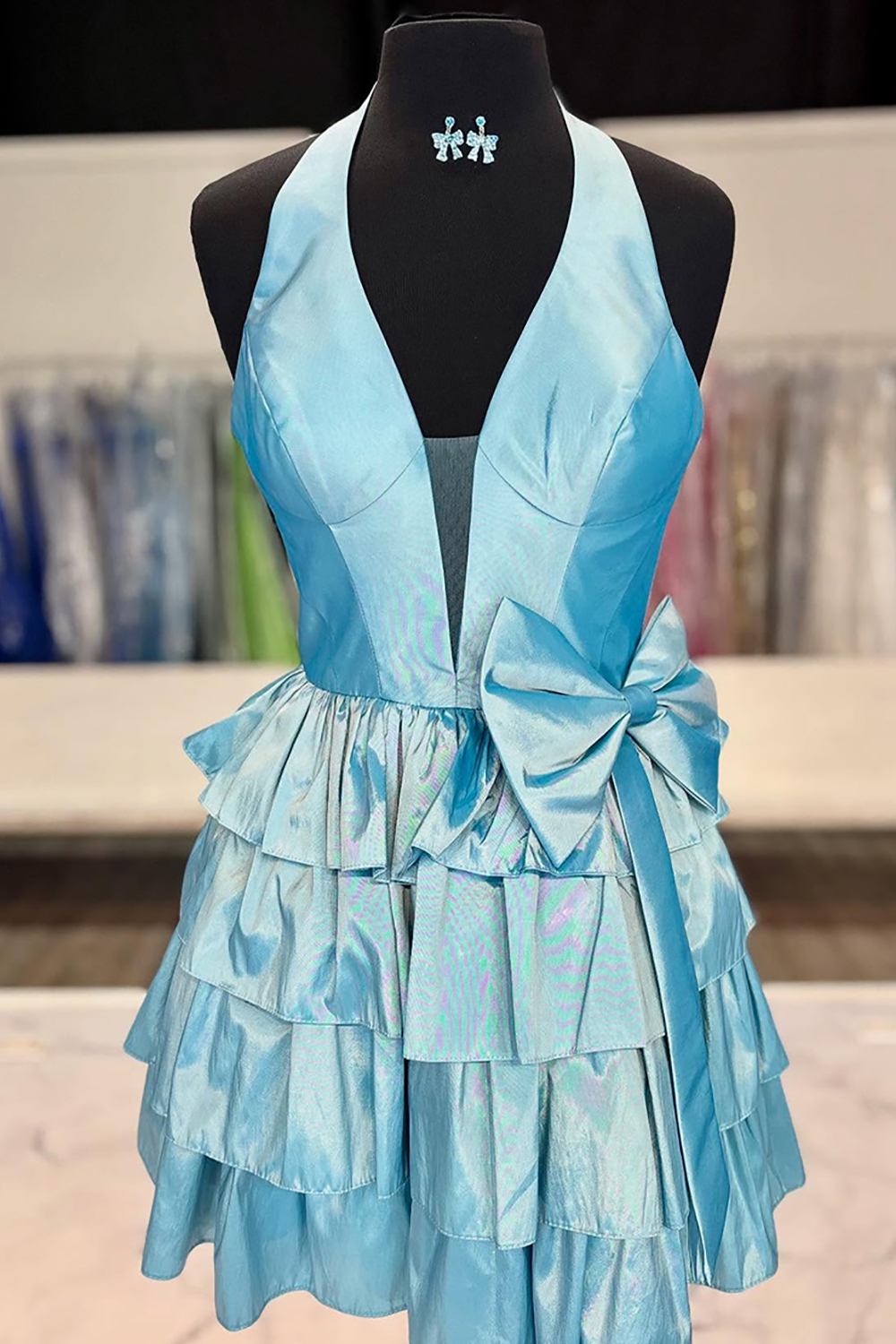 Red Satin Halter Tiered Short Corset Homecoming Dress With Bow