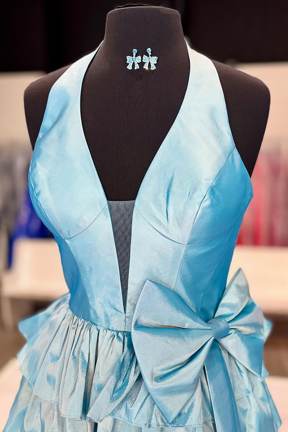 Red Satin Halter Tiered Short Corset Homecoming Dress With Bow