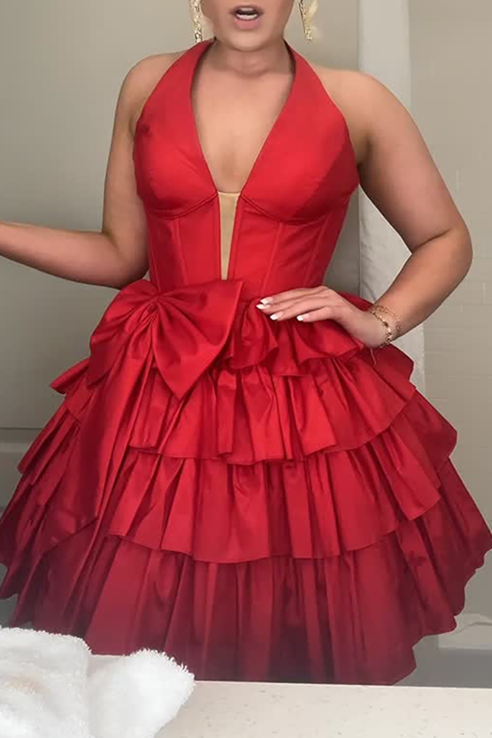 Red Satin Halter Tiered Short Corset Homecoming Dress With Bow