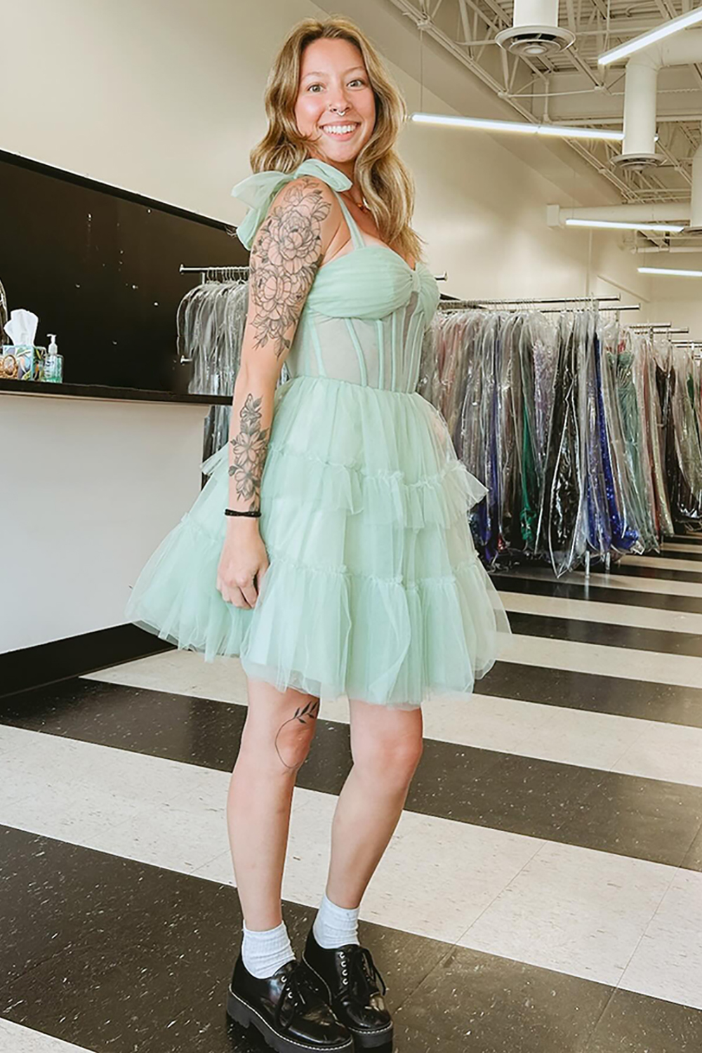 Grey Blue Ruffled A Line Tiered Short Corset Homecoming Dress