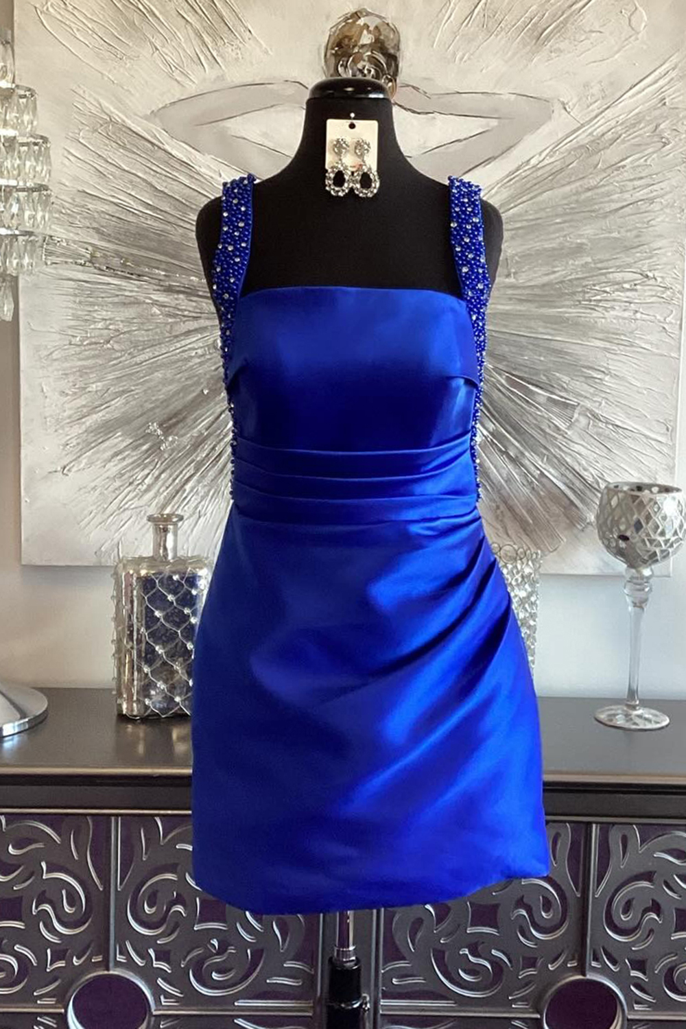 Sparkly Royal Blue Square Neck Tight Short Homecoming Dress with Beading
