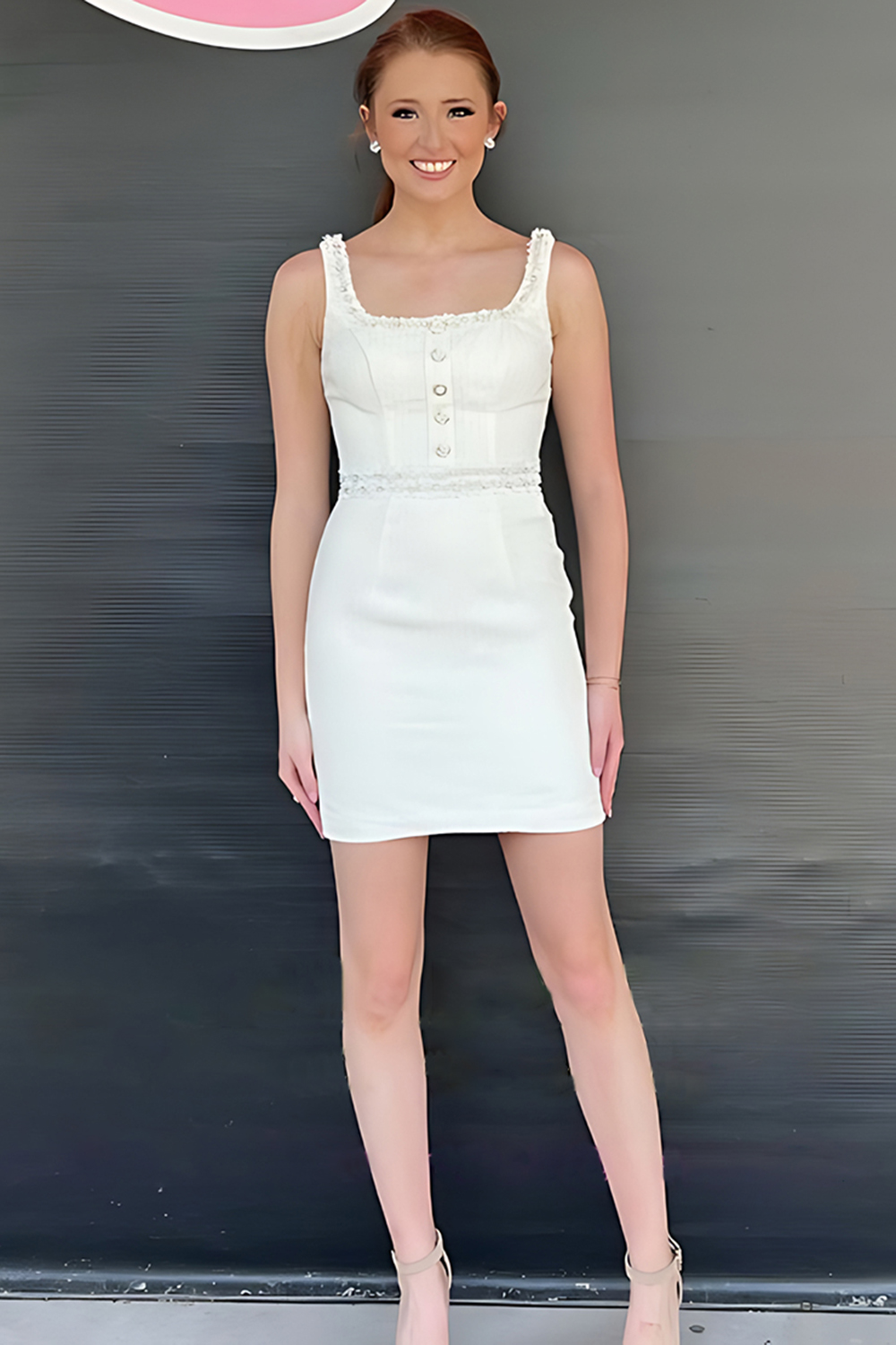 Sparkly Pink Tight Short Tweed Button Homecoming Dress with Beading