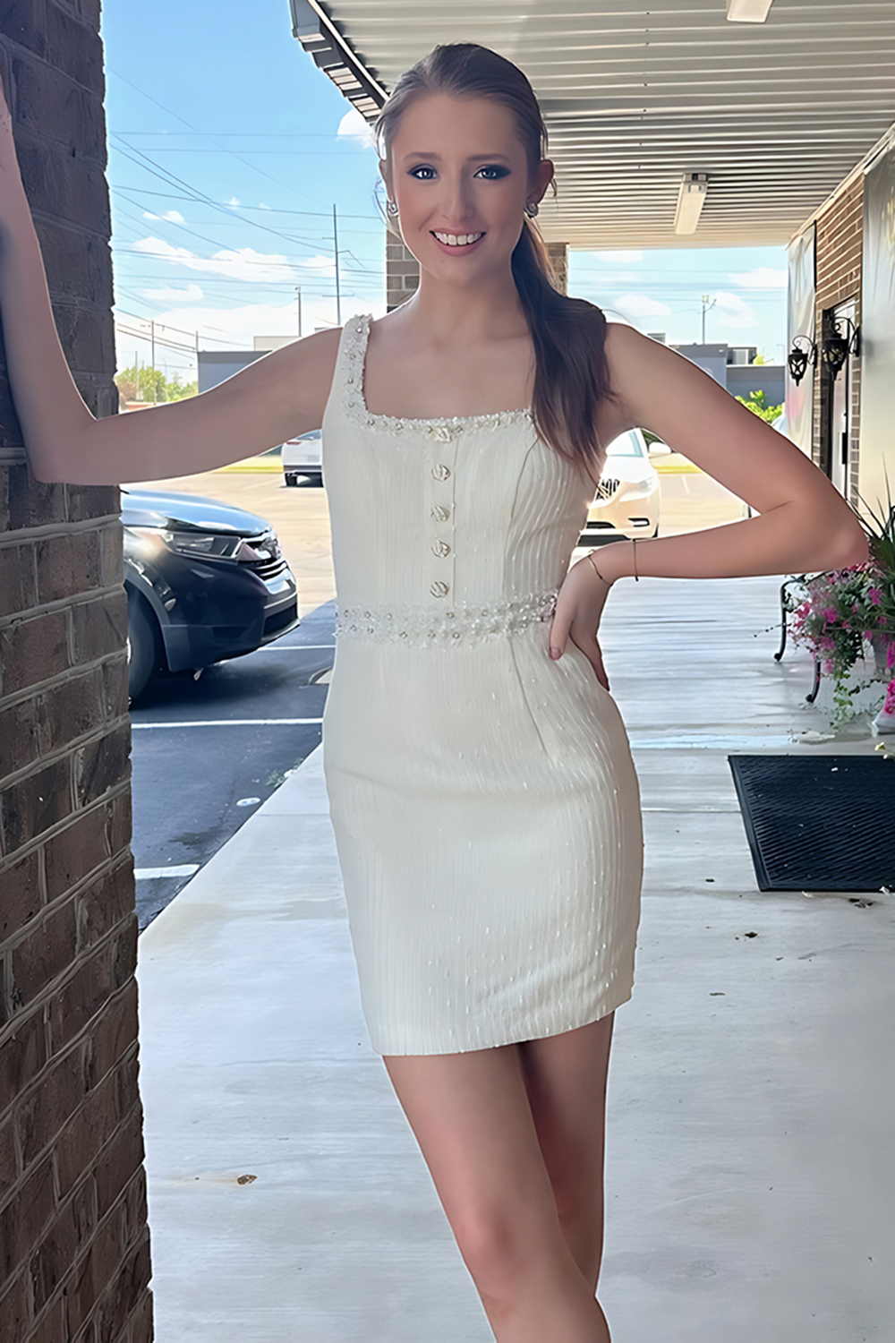 Sparkly Pink Tight Short Tweed Button Homecoming Dress with Beading