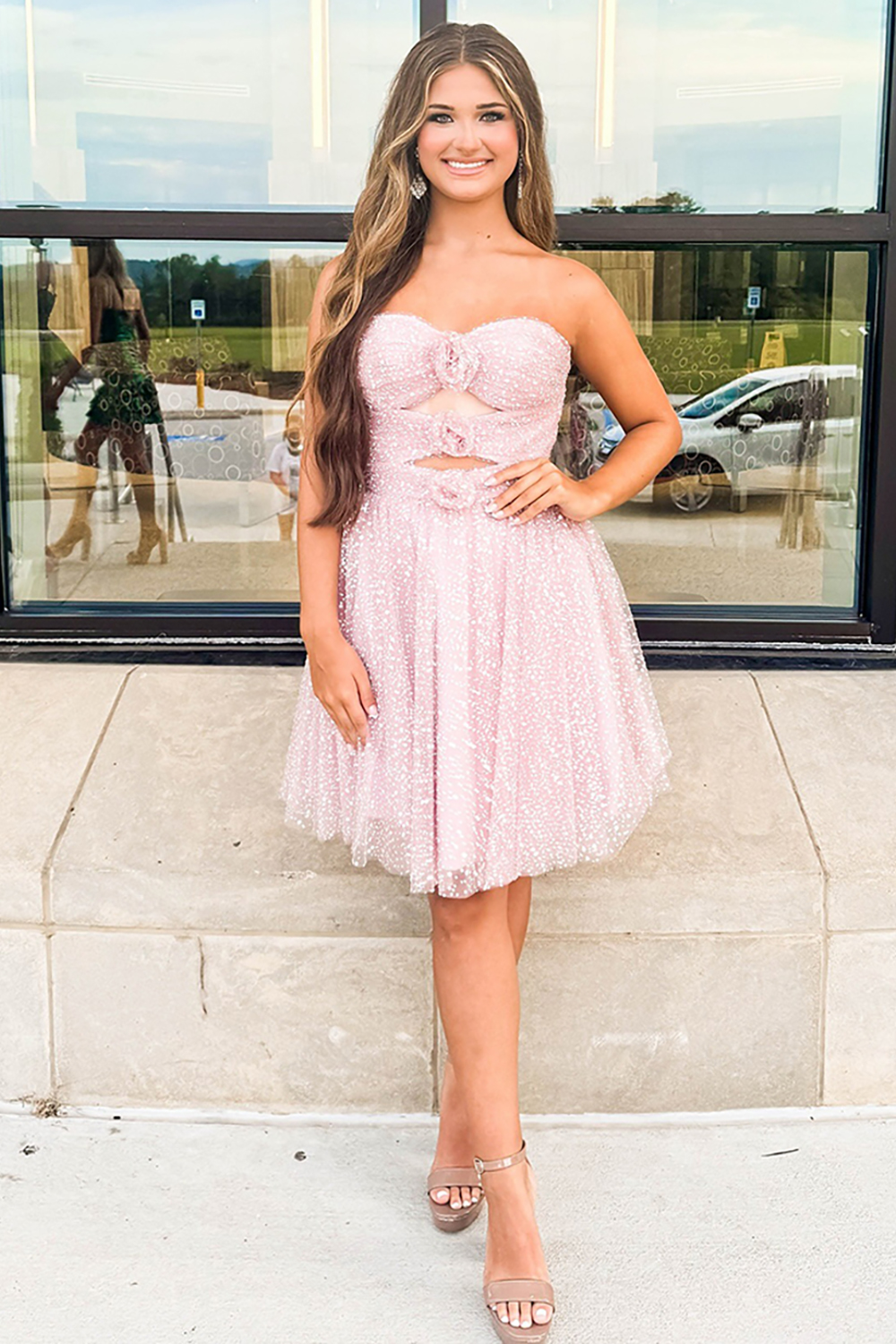Glitter Pink Floral Cut Out A Line Short Homecoming Dress