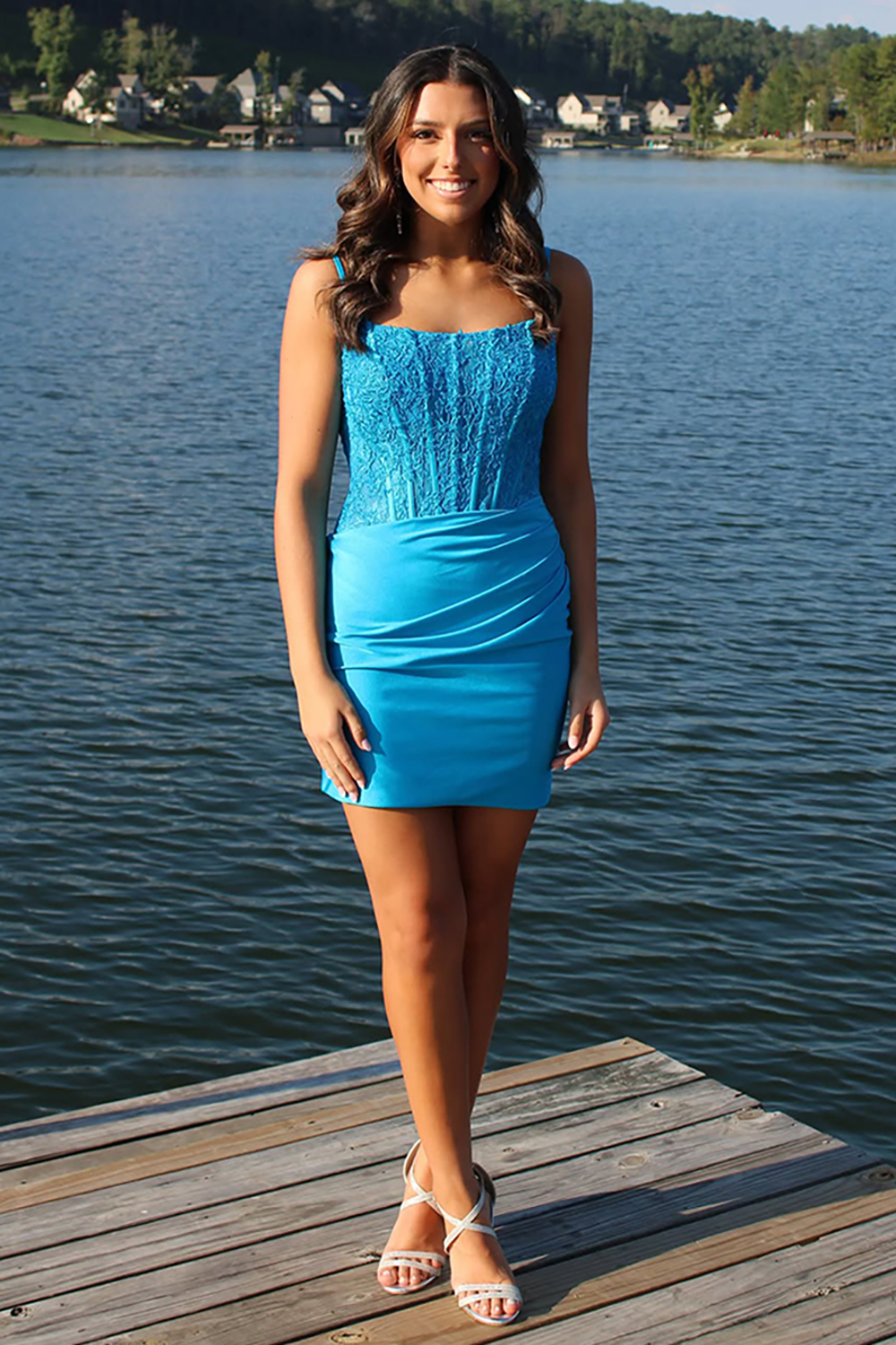 Blue Satin Corset Short Tight Homecoming Dress with Lace