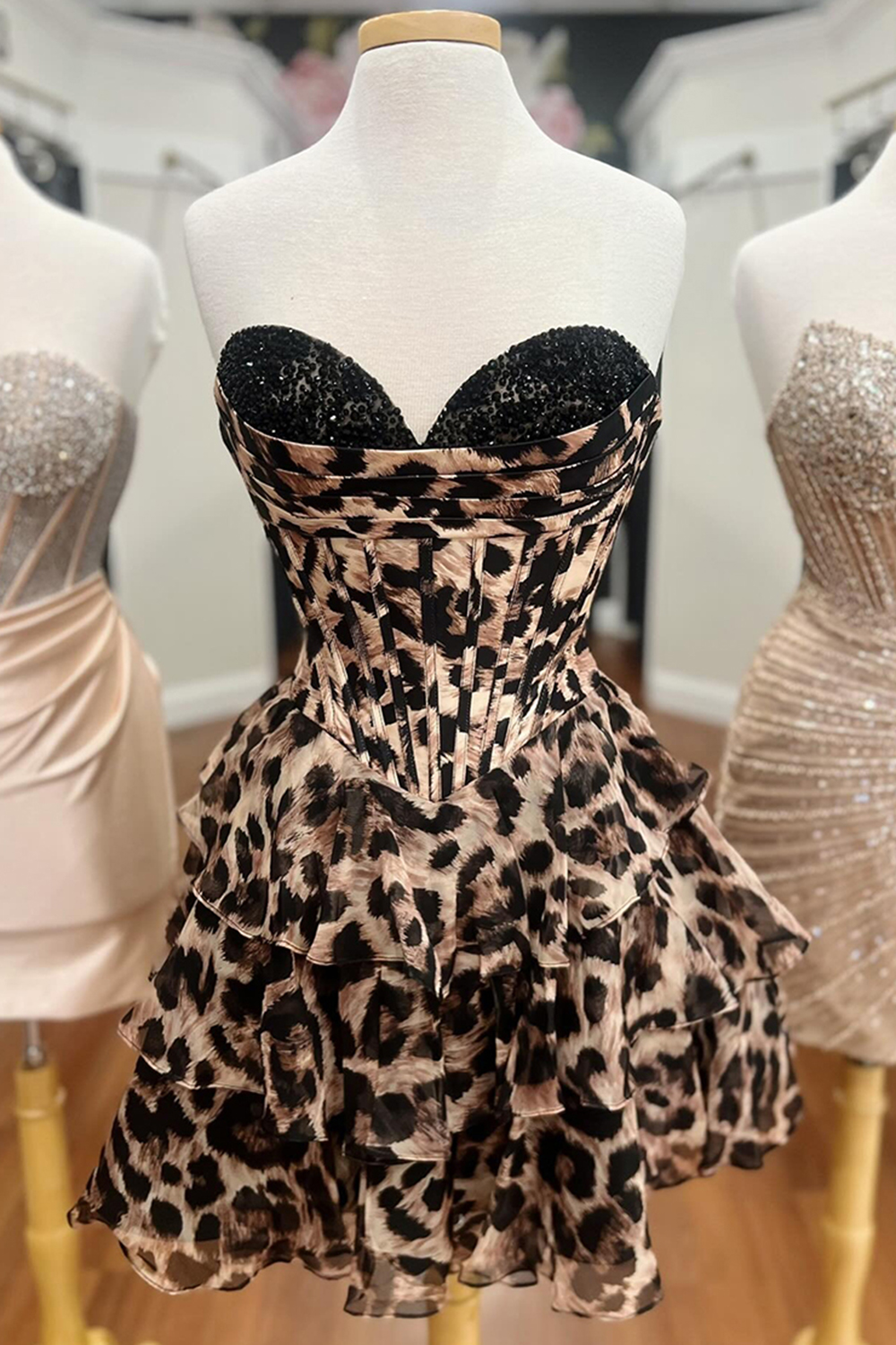 Sparkly Brown Leopard A Line Ruffled Short Corset Homecoming Dress