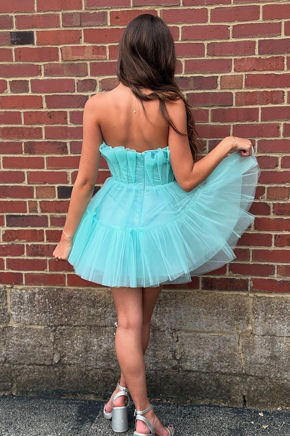Sparkly Mint Ruched A Line Ruffled Strapless Short Homecoming Dress