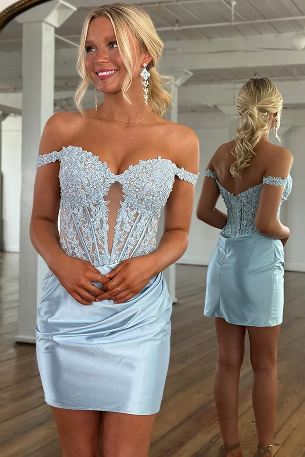 Sparkly Turquoise Satin Corset Short Tight Homecoming Dress with Lace