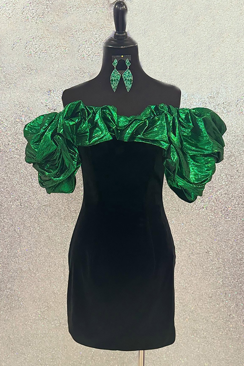 Black and Green Tight Short Off the Shoulder Homecoming Dress with Ruffles