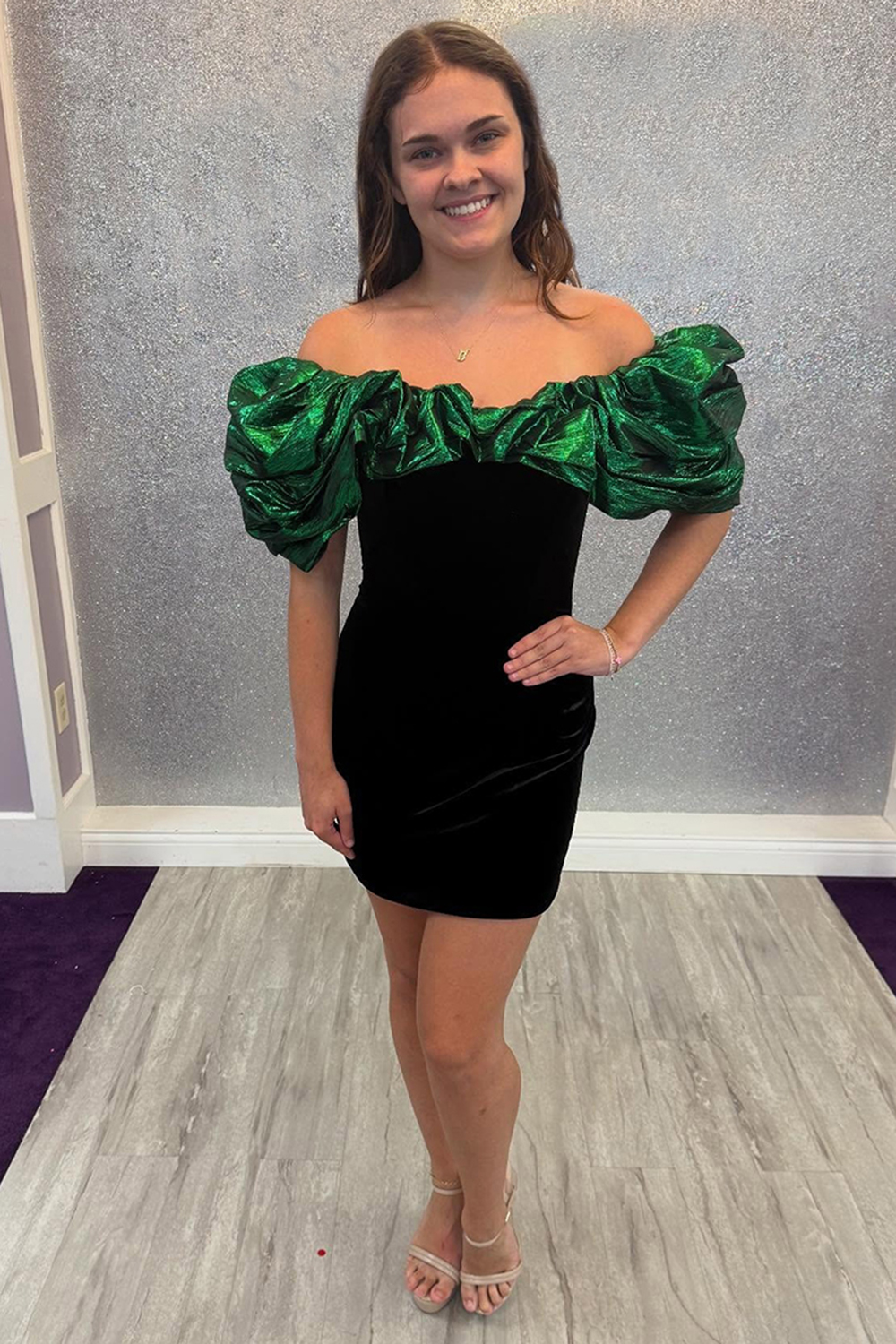 Black and Green Tight Short Off the Shoulder Homecoming Dress with Ruffles