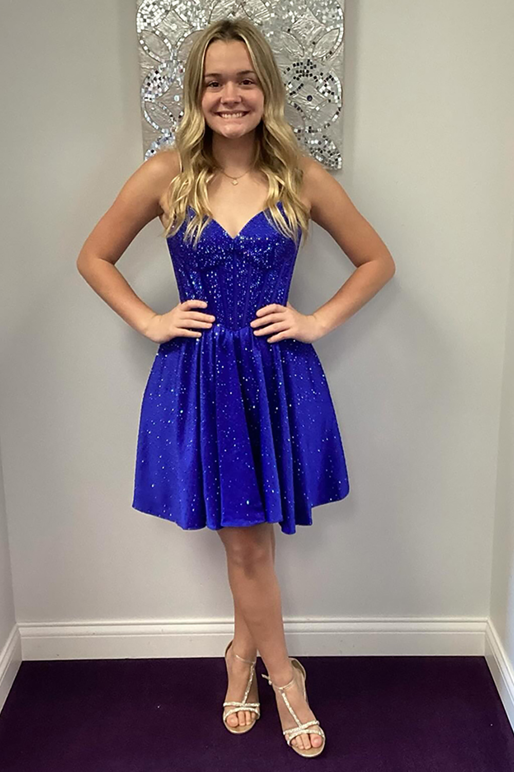 Sparkly Royal Blue Satin A Line Short Corset Homecoming Dress with Beading