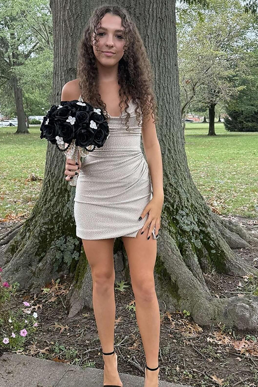 Sparkly Apricot Tight Beaded Short Homecoming Dress with Slit