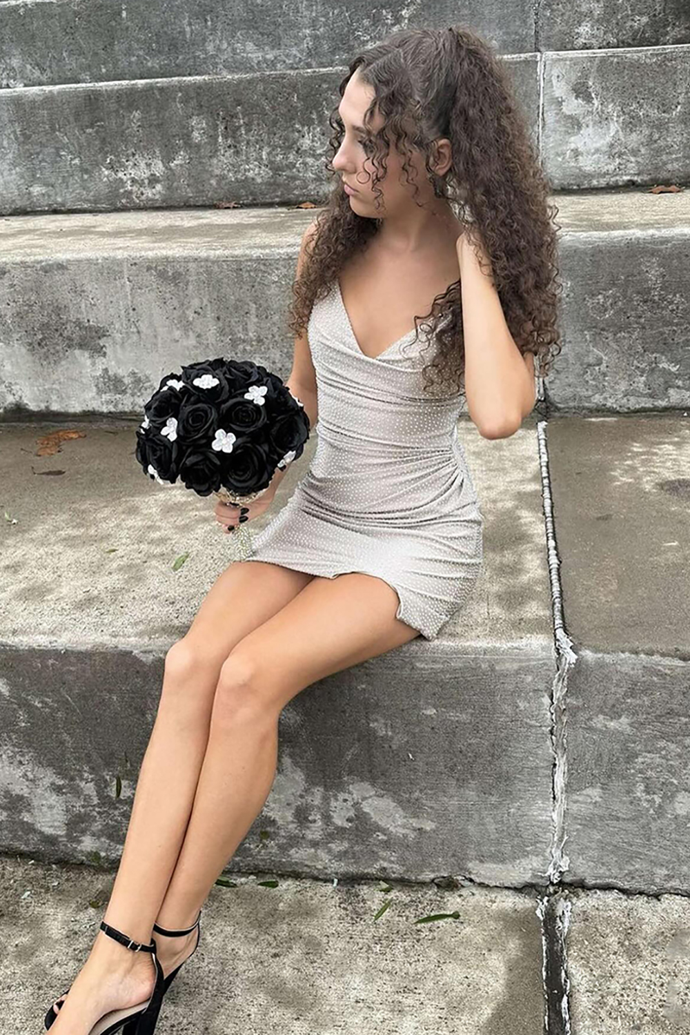 Sparkly Apricot Tight Beaded Short Homecoming Dress with Slit