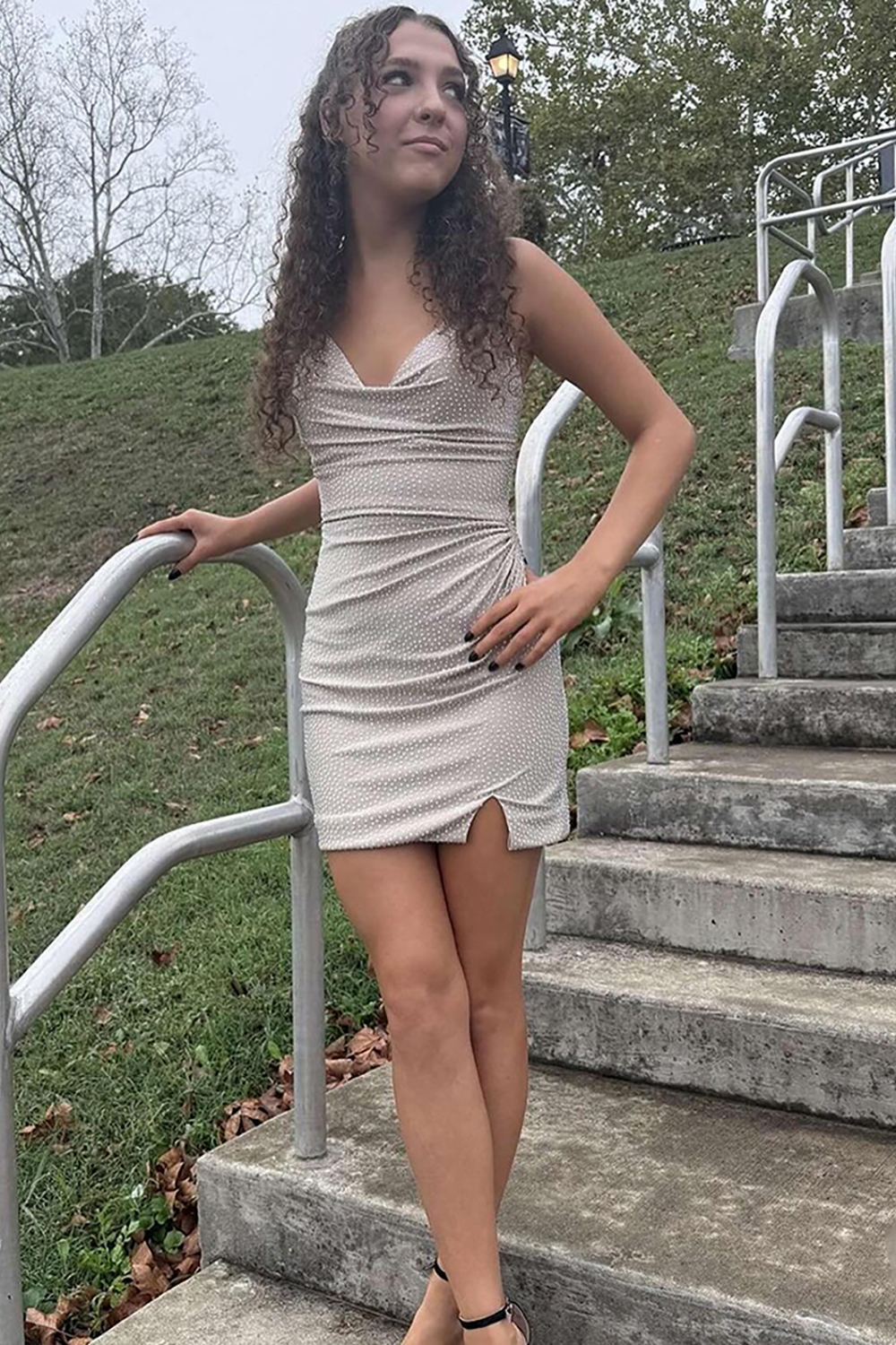 Sparkly Apricot Tight Beaded Short Homecoming Dress with Slit