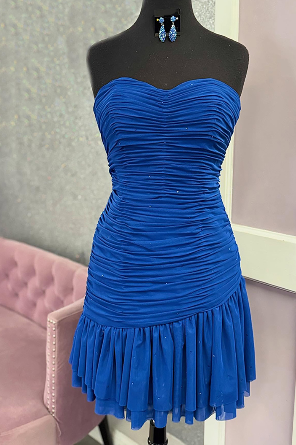 Sparkly Royal Blue Tight Ruched Short Homecoming Dress with Ruffles