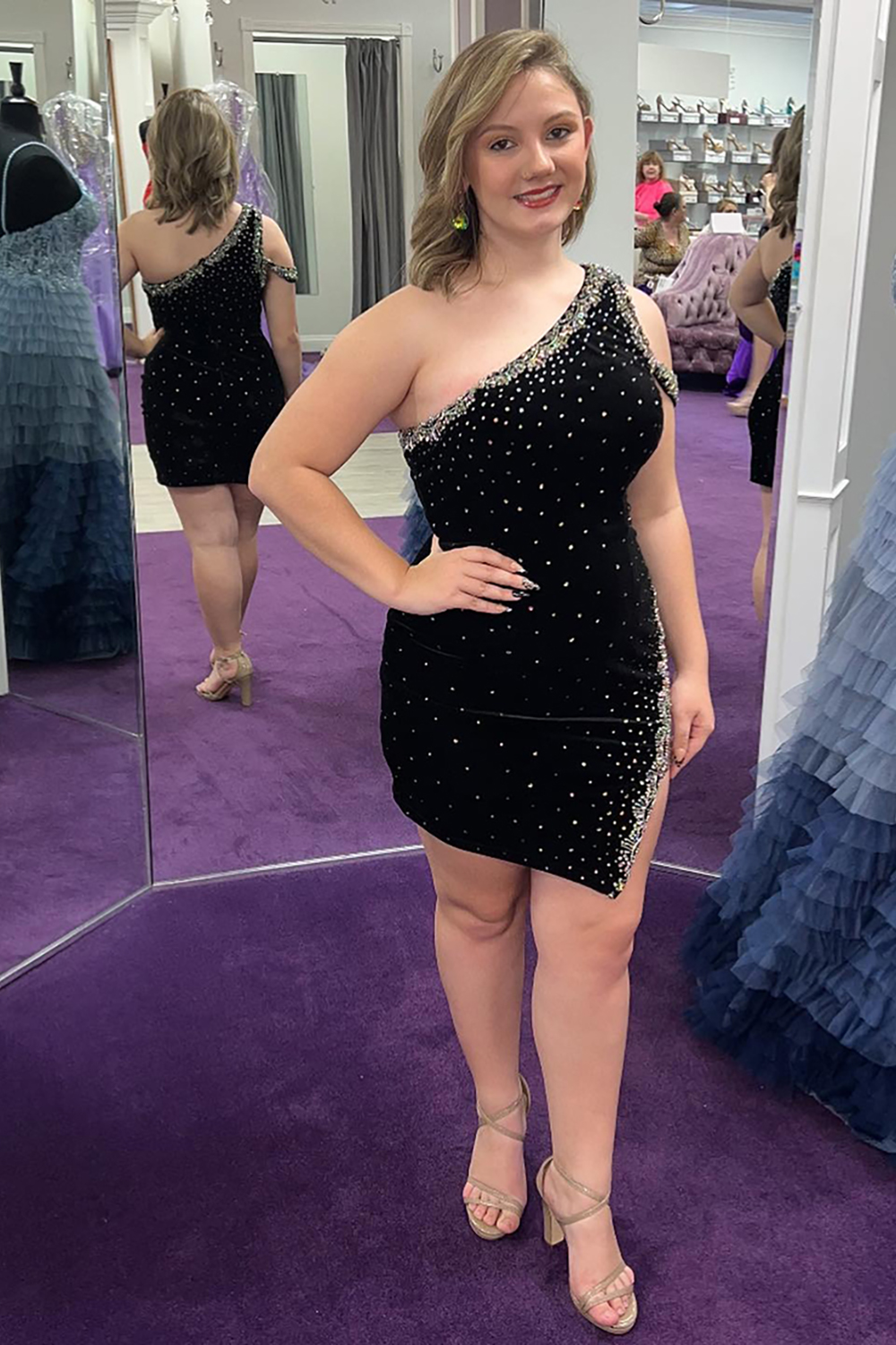 Sparkly Black Tight Beaded One Shoulder Short Homecoming Dress with Slit