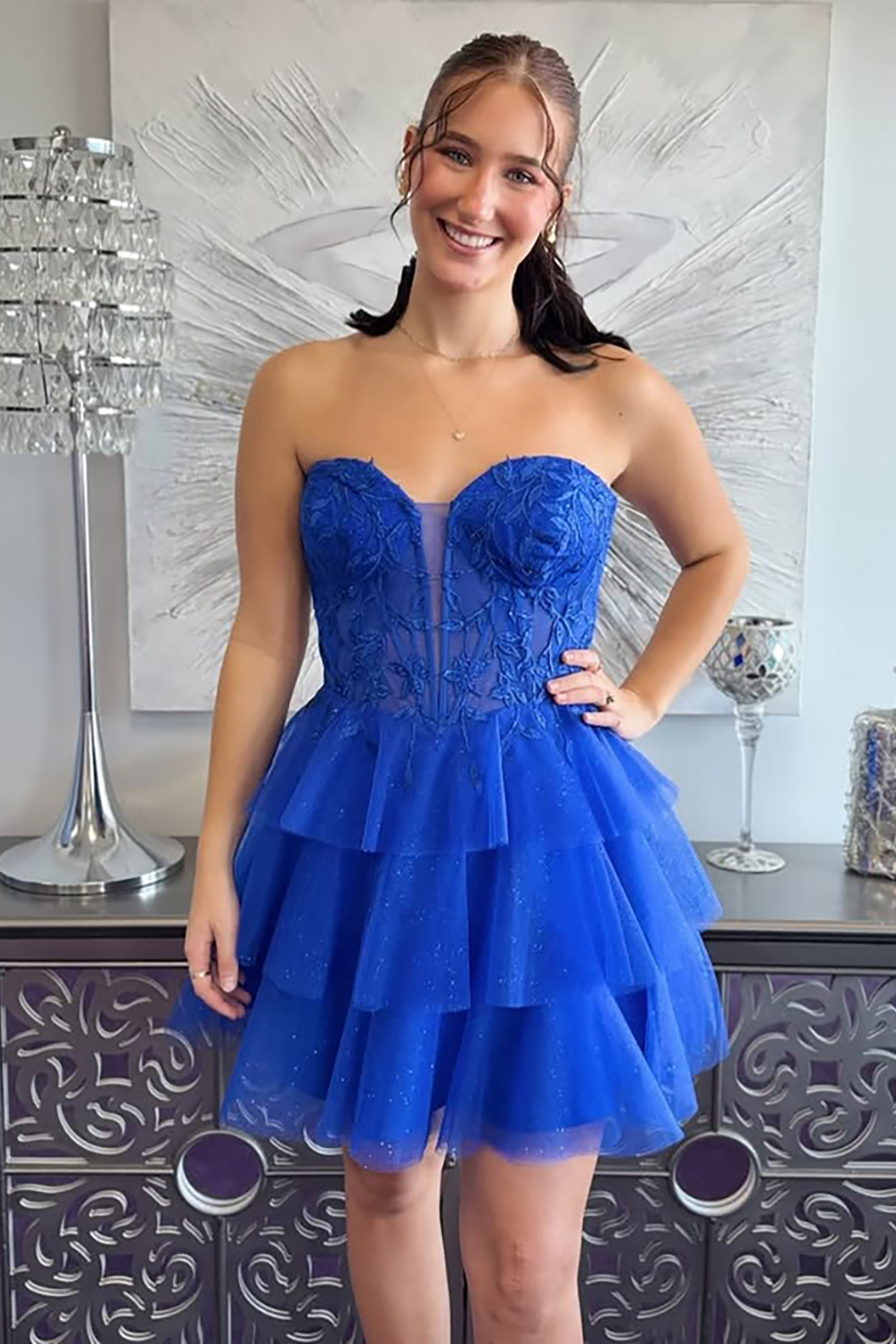 Sparkly Royal Blue Tiered Short Corset Homecoming Dress with Ruffles