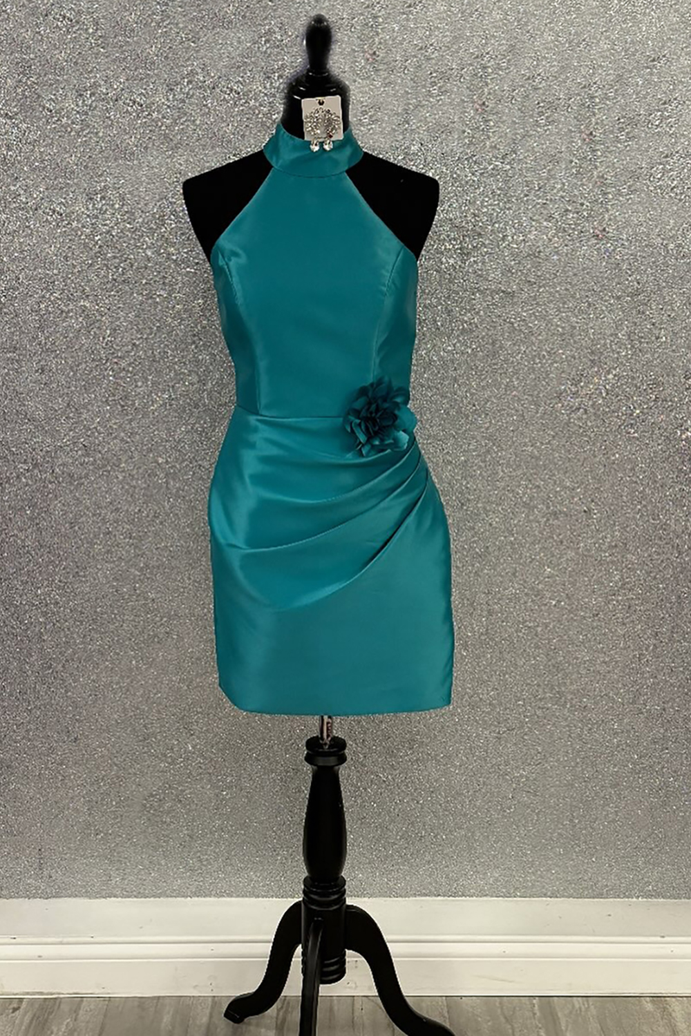 Peacock Green Floral Tight High Neck Short Homecoming Dress