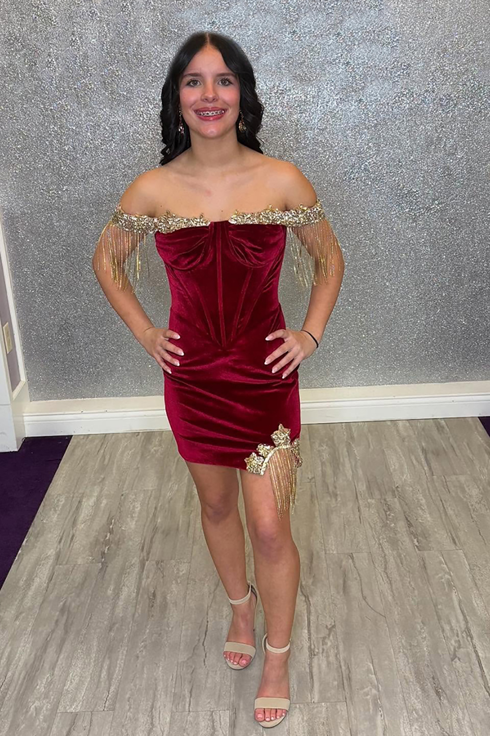 Sparkly Dark Red Velvet Tight Short Corset Homecoming Dress with Fringe