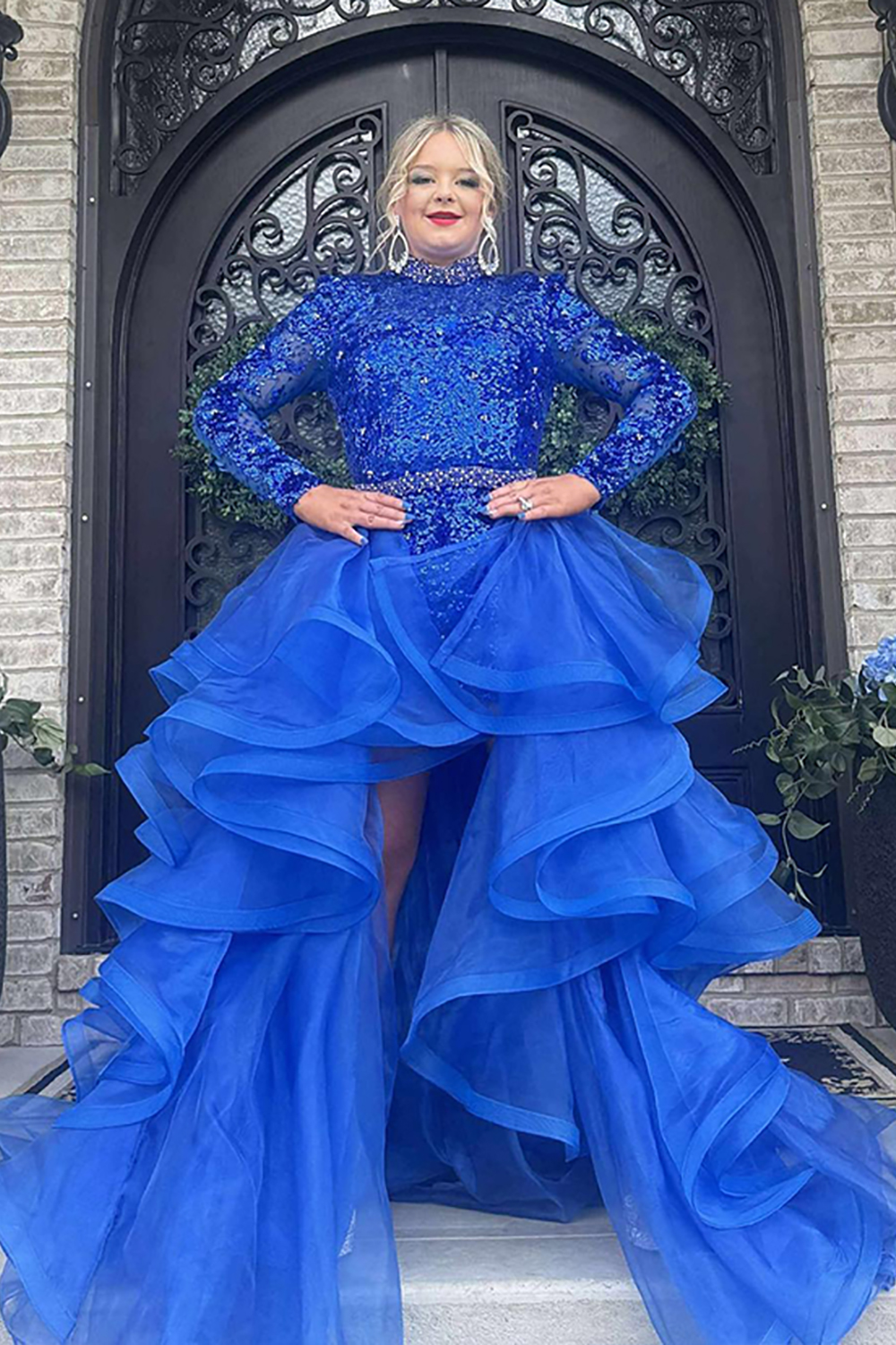 Sparkly Royal Blue A Line Ruffled High Low Homecoming Dress with Sequins