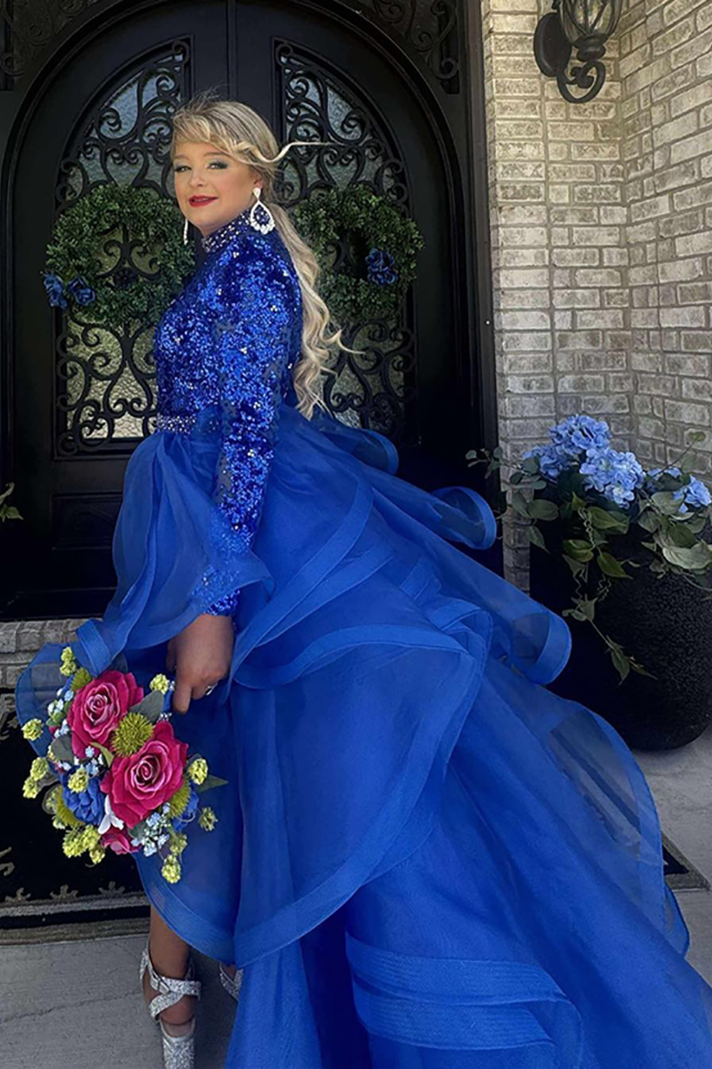 Sparkly Royal Blue A Line Ruffled High Low Homecoming Dress with Sequins