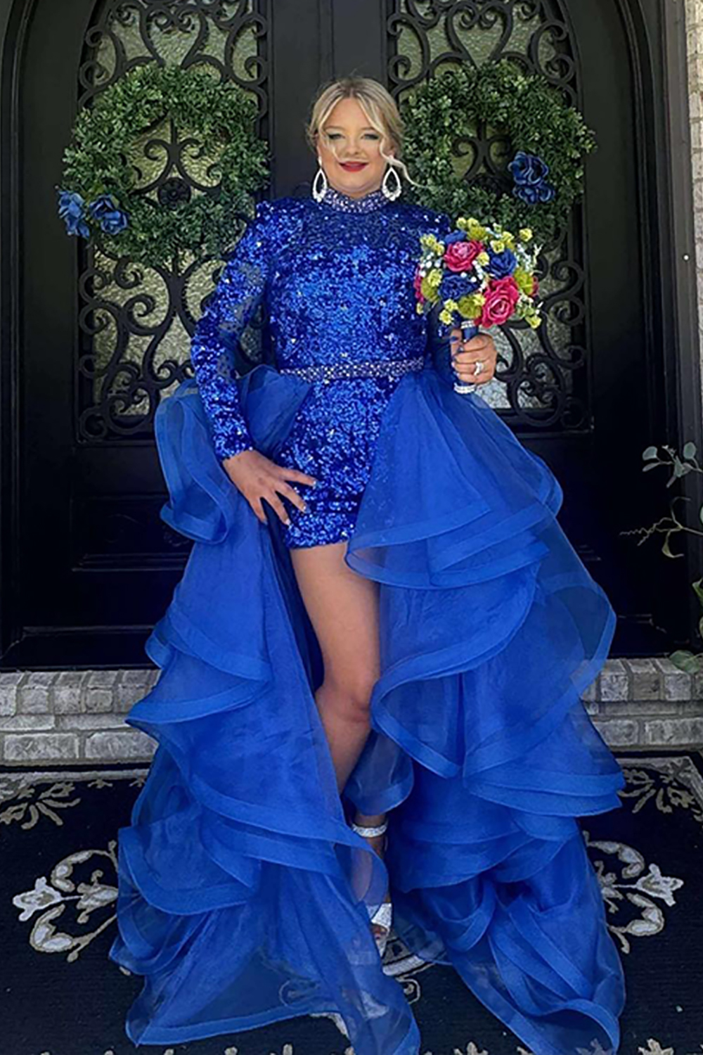 Sparkly Royal Blue A Line Ruffled High Low Homecoming Dress with Sequins