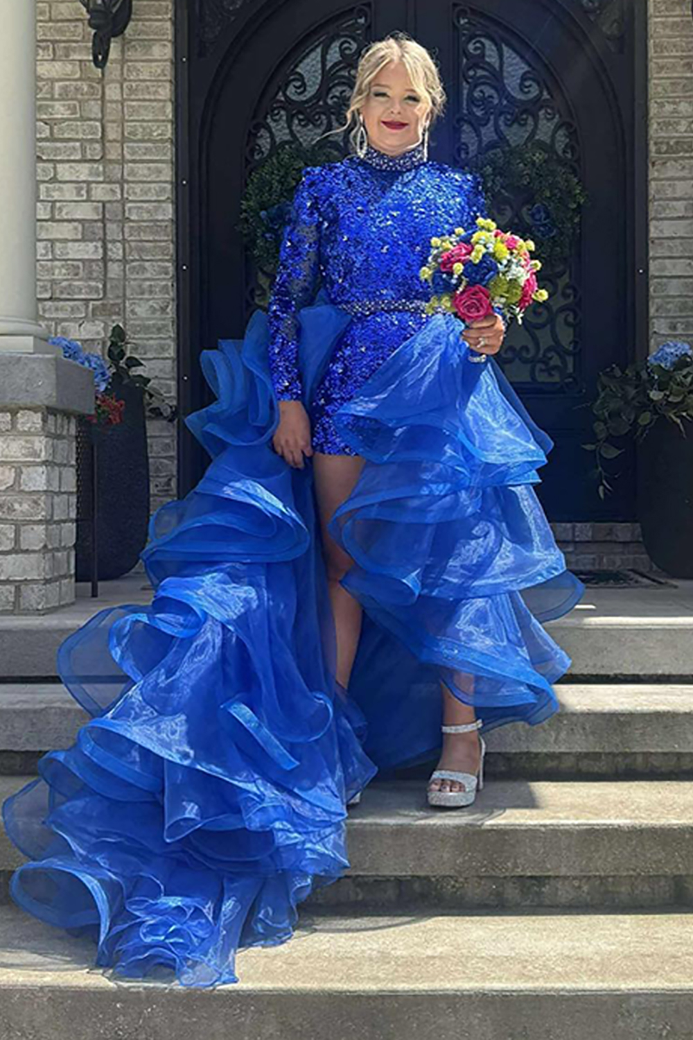 Sparkly Royal Blue A Line Ruffled High Low Homecoming Dress with Sequins