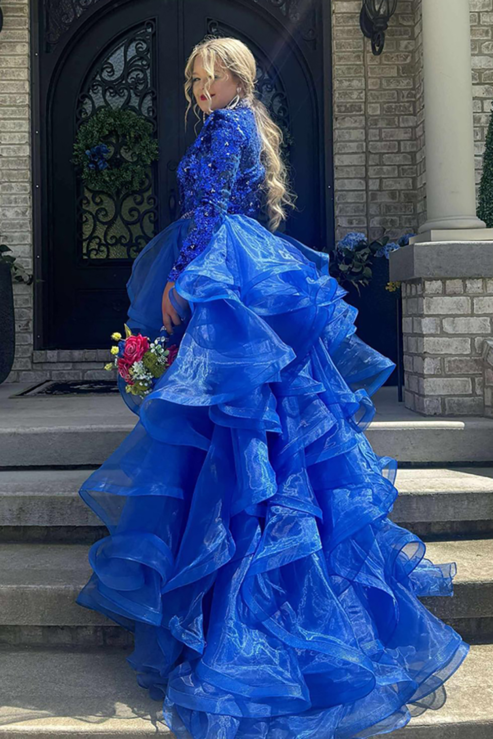 Sparkly Royal Blue A Line Ruffled High Low Homecoming Dress with Sequins