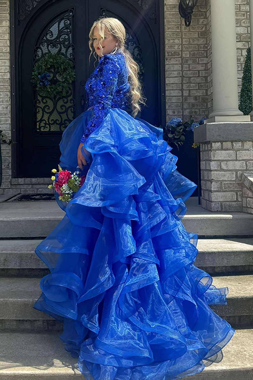 Sparkly Royal Blue A Line Ruffled High Low Homecoming Dress with Sequins