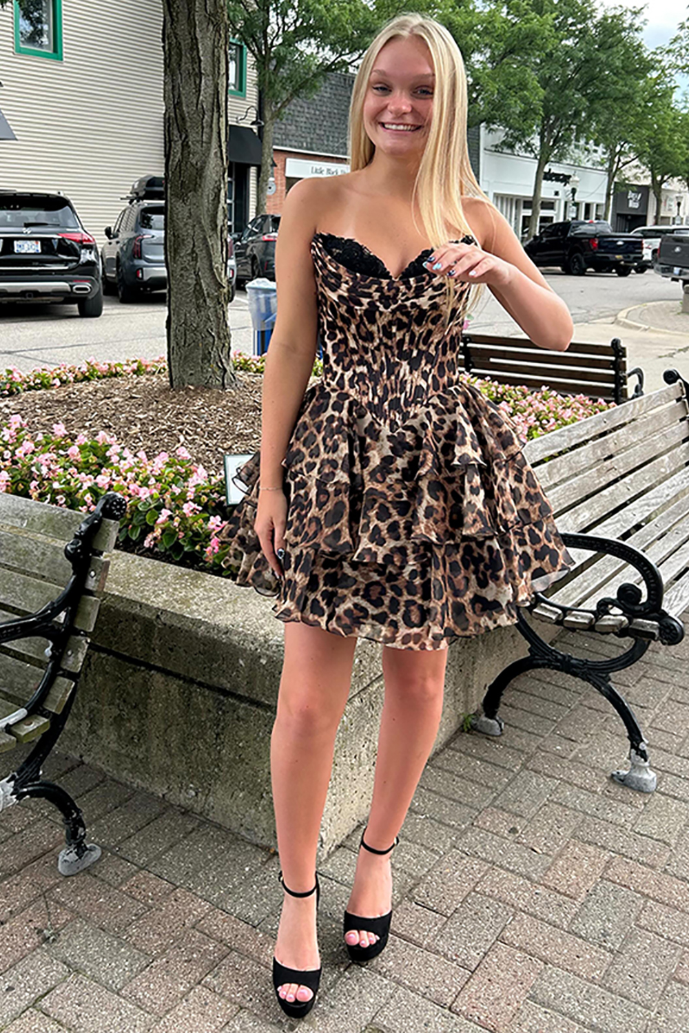 Brown Leopard Ruffled Tiered Short Corset Homecoming Dress with Lace