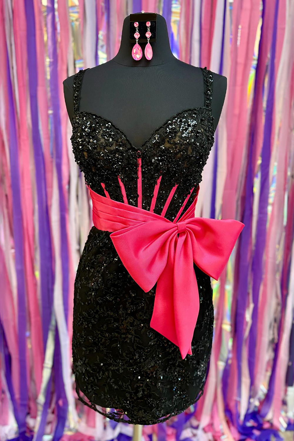 Sparkly Black Tight Sequin Short Corset Homecoming Dress with Bow