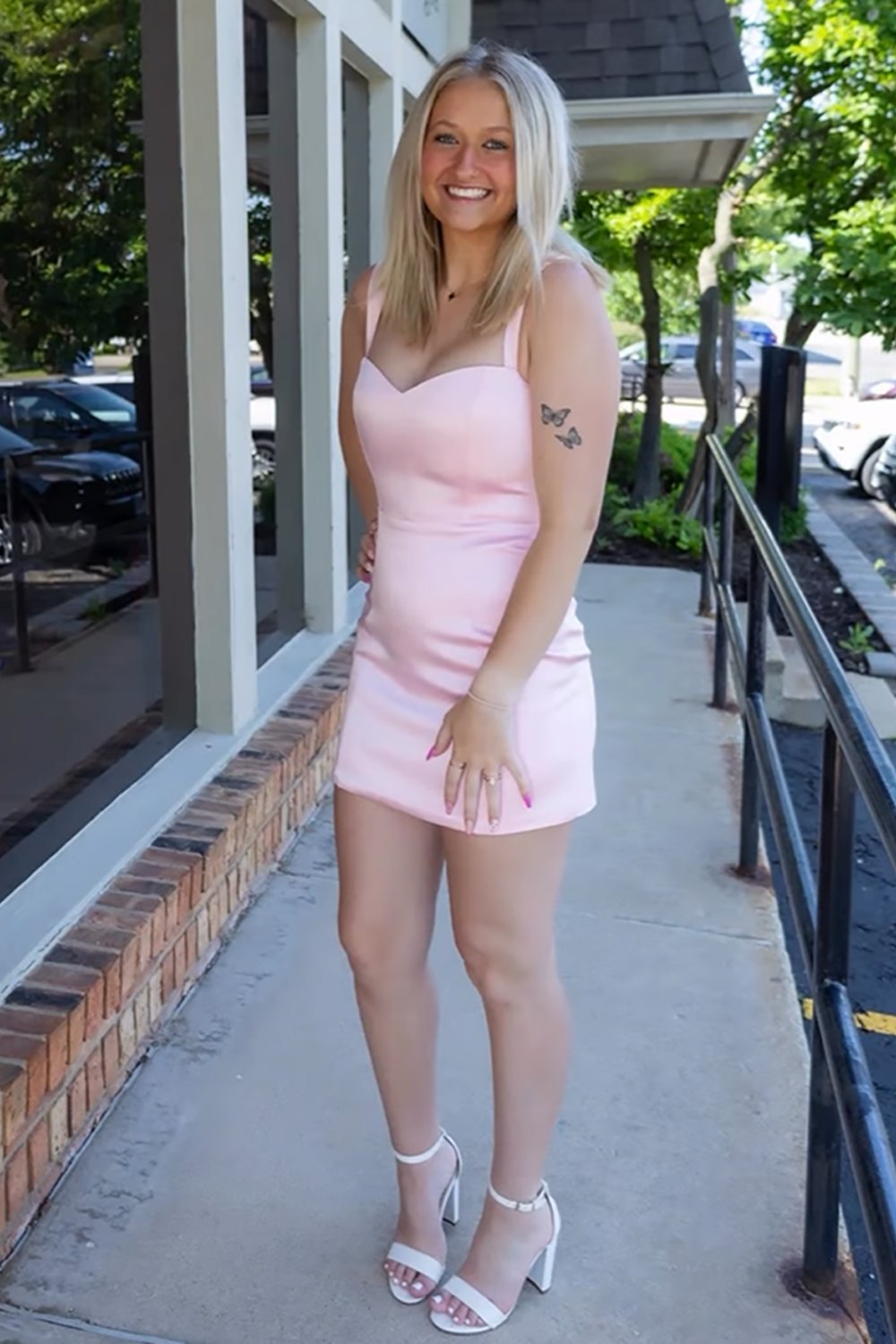 Pink Satin Tight Thick Straps Short Homecoming Dress