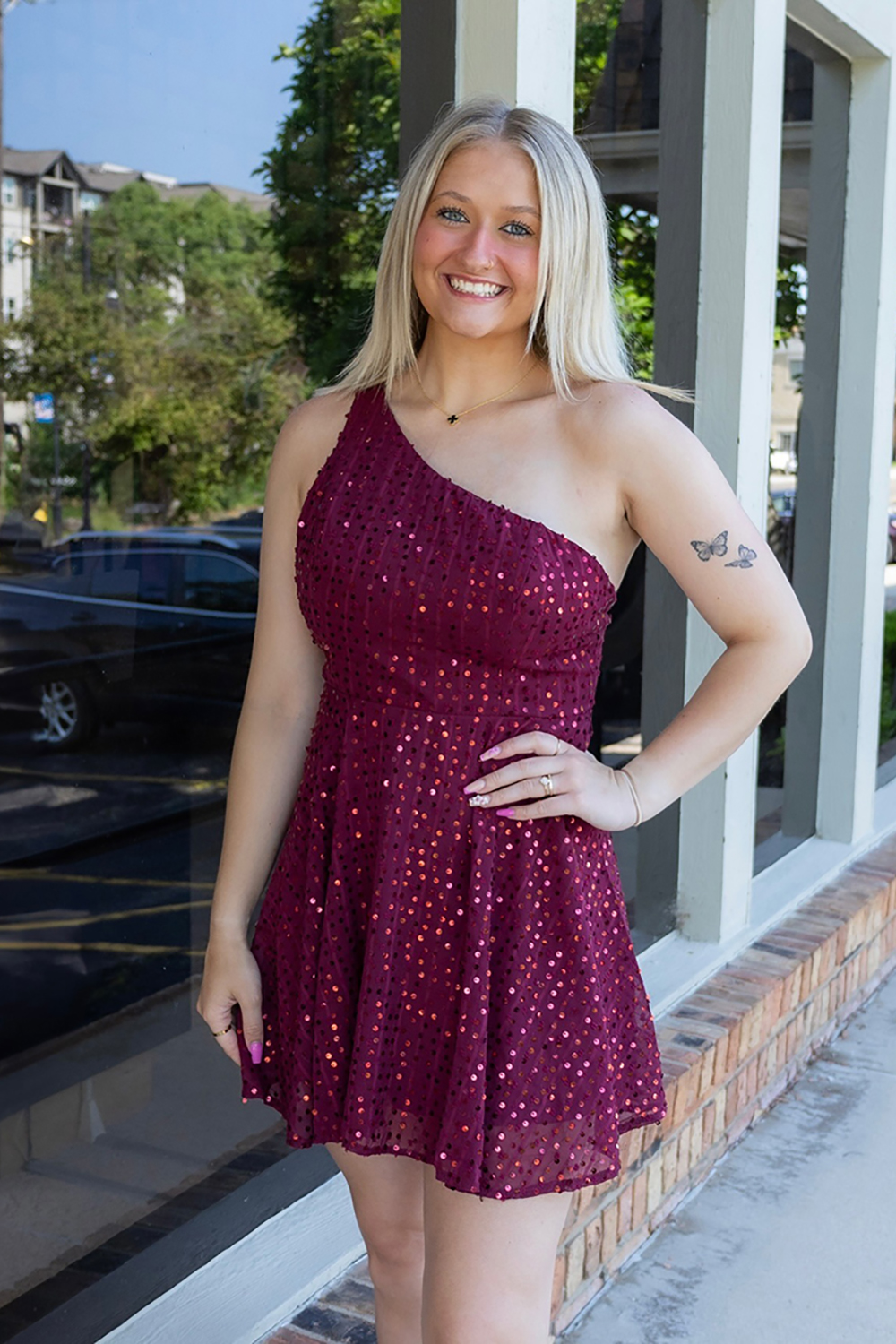 Sparkly Burgundy A Line One Shoulder  Sequin Homecoming Dress