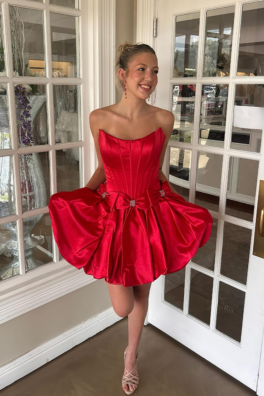 Sparkly Red Satin Beaded Short Corset Homecoming Dress with Bow