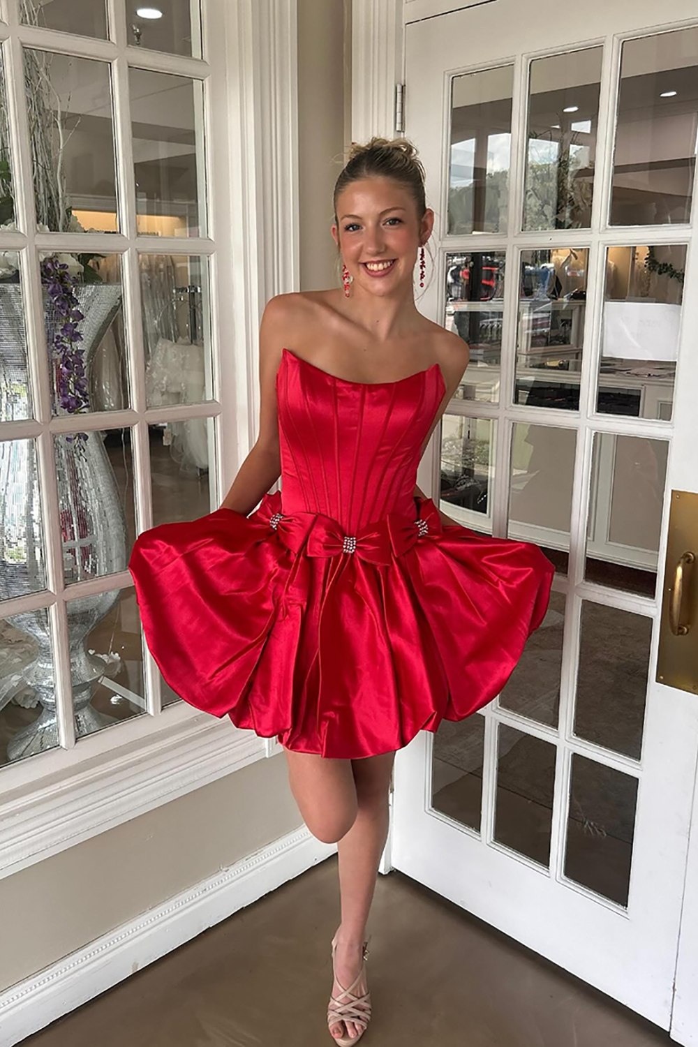 Sparkly Red Satin Beaded Short Corset Homecoming Dress with Bow