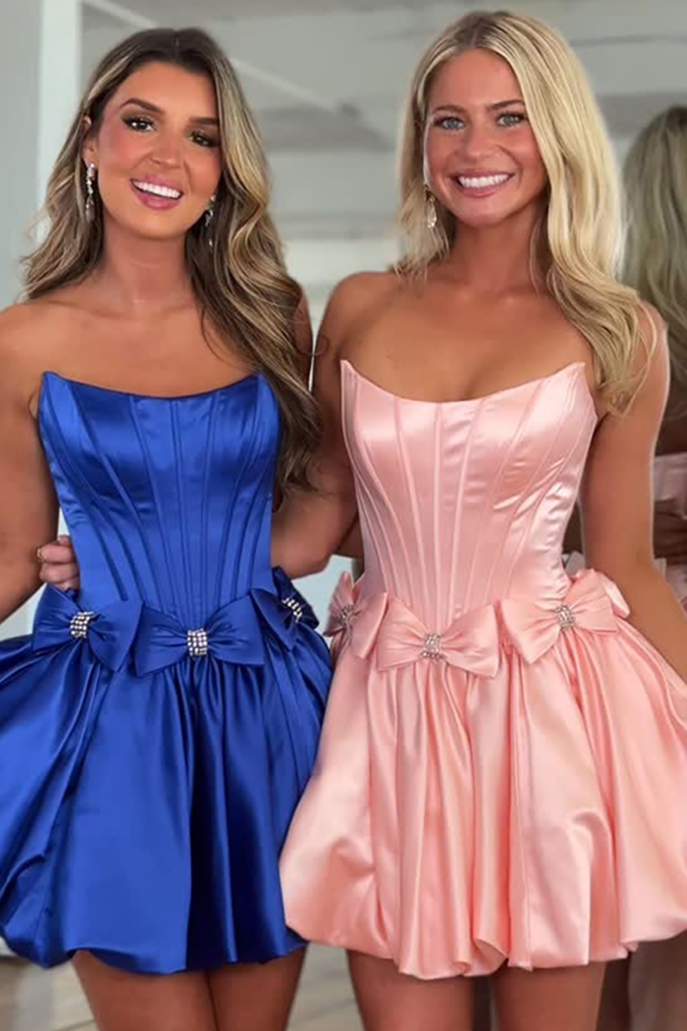 Sparkly Red Satin Beaded Short Corset Homecoming Dress with Bow