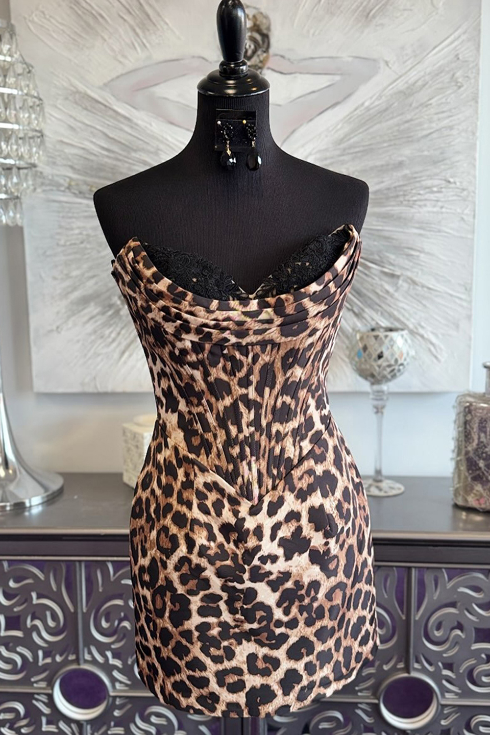 Brown Leopard Tight Short Corset Homecoming Dress with Lace
