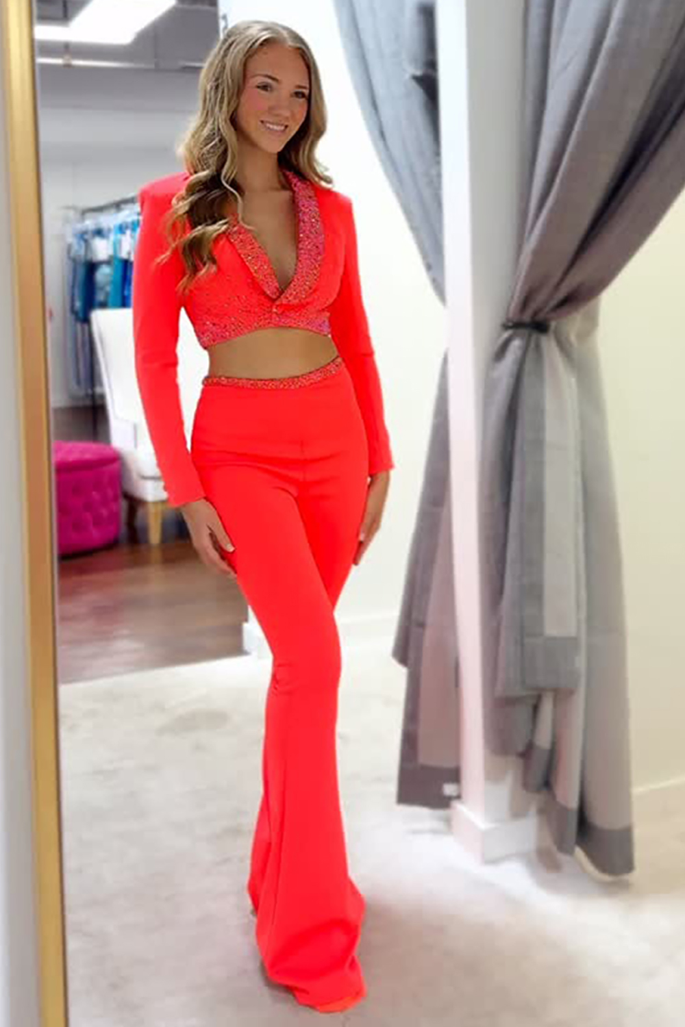 Sparkly Orange 2 Piece Long Homecoming Suits with Sequins