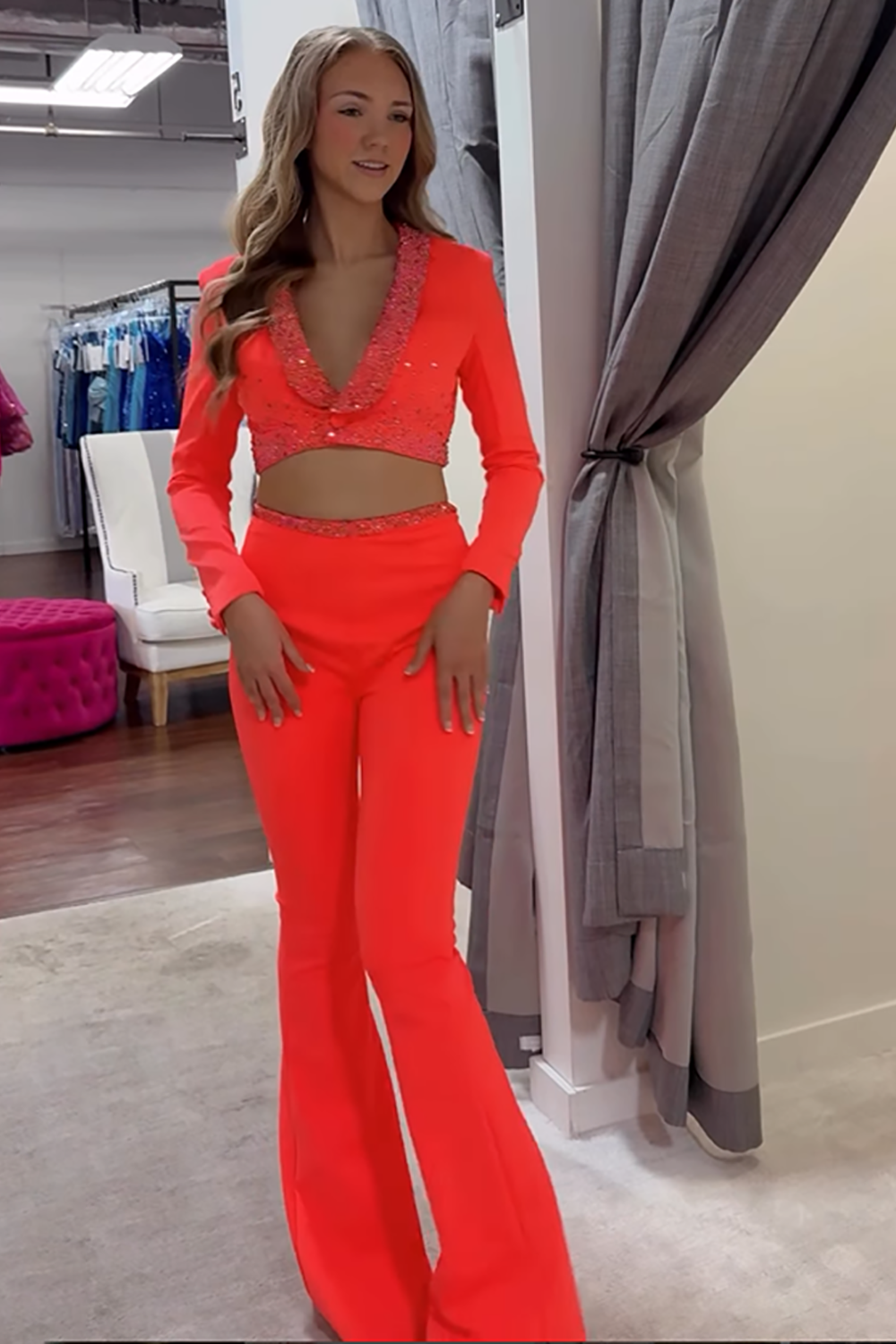 Sparkly Orange 2 Piece Long Homecoming Suits with Sequins