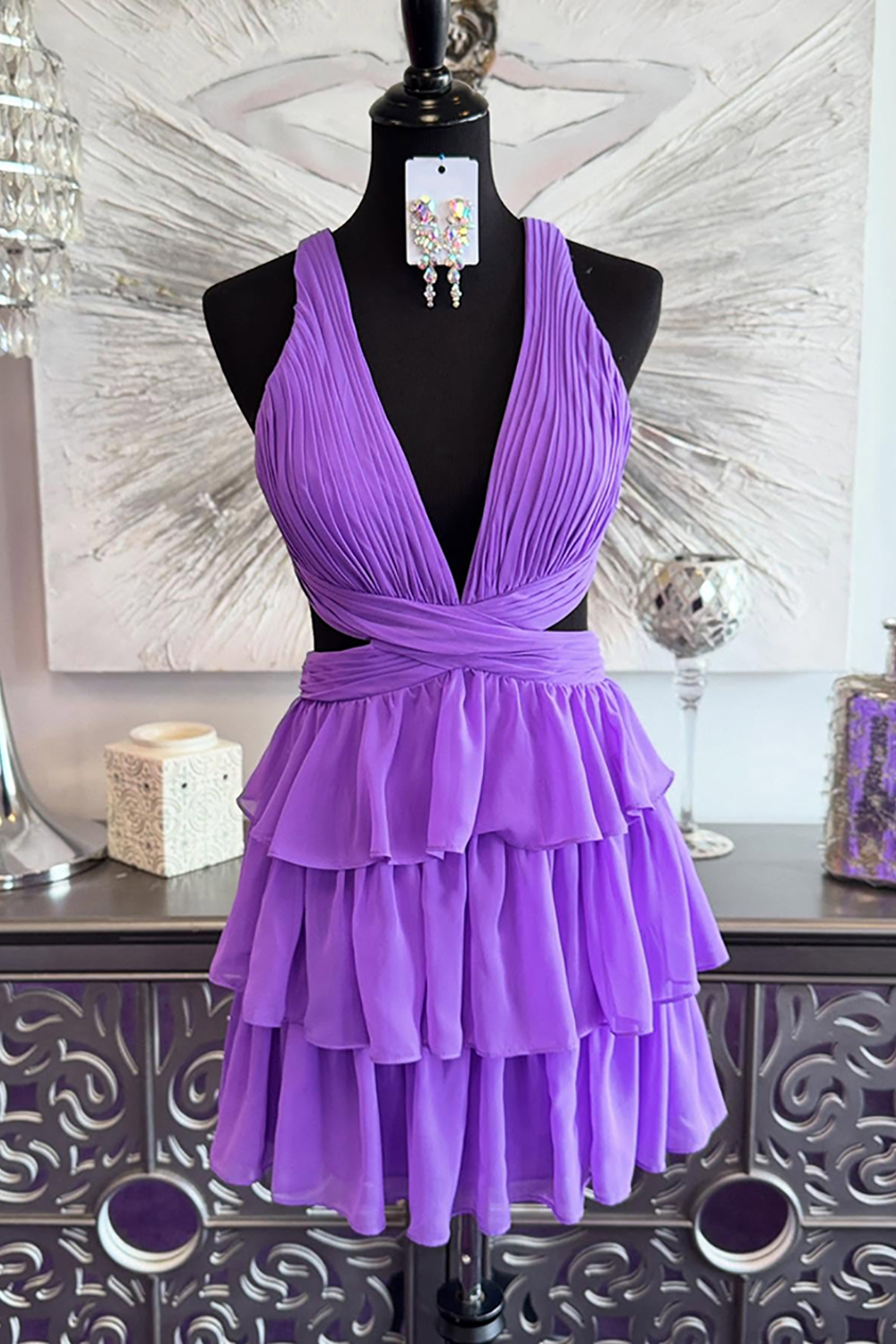 Yellow Chiffon Cut Out A Line Tiered Short Homecoming Dress with Ruffles