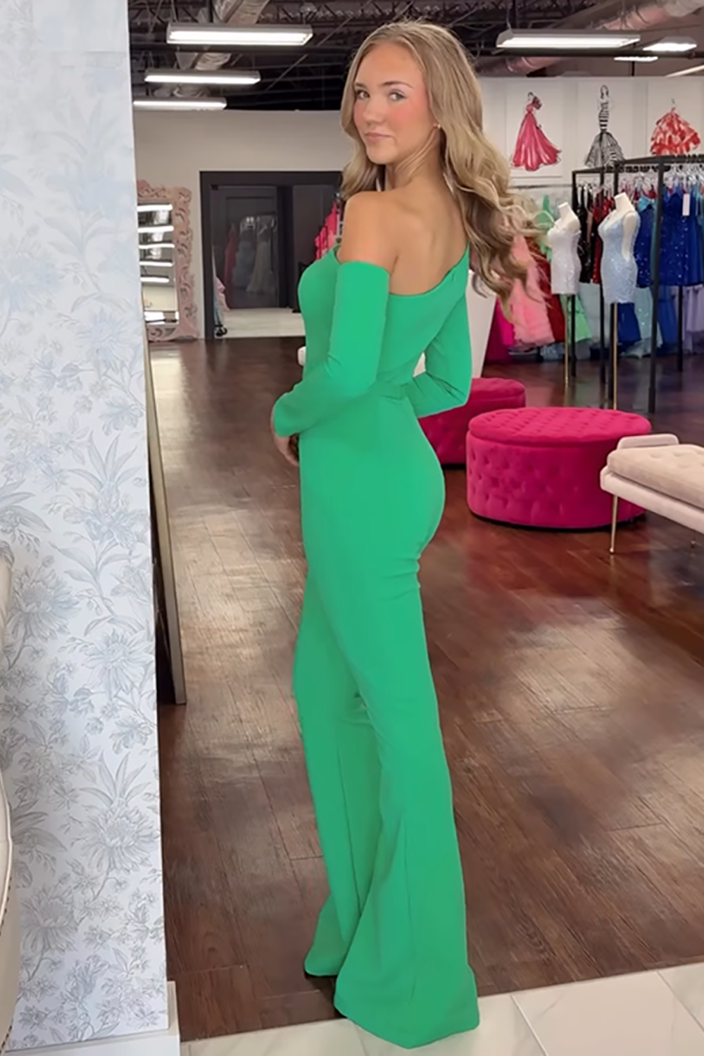 Green Satin One Shoulder Homecoming Jumpsuits with Sleeves