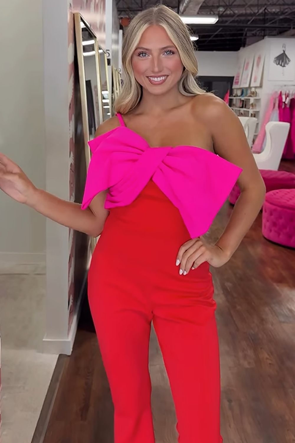 Red Satin One Shoulder Satin Homecoming Jumpsuits with Bow