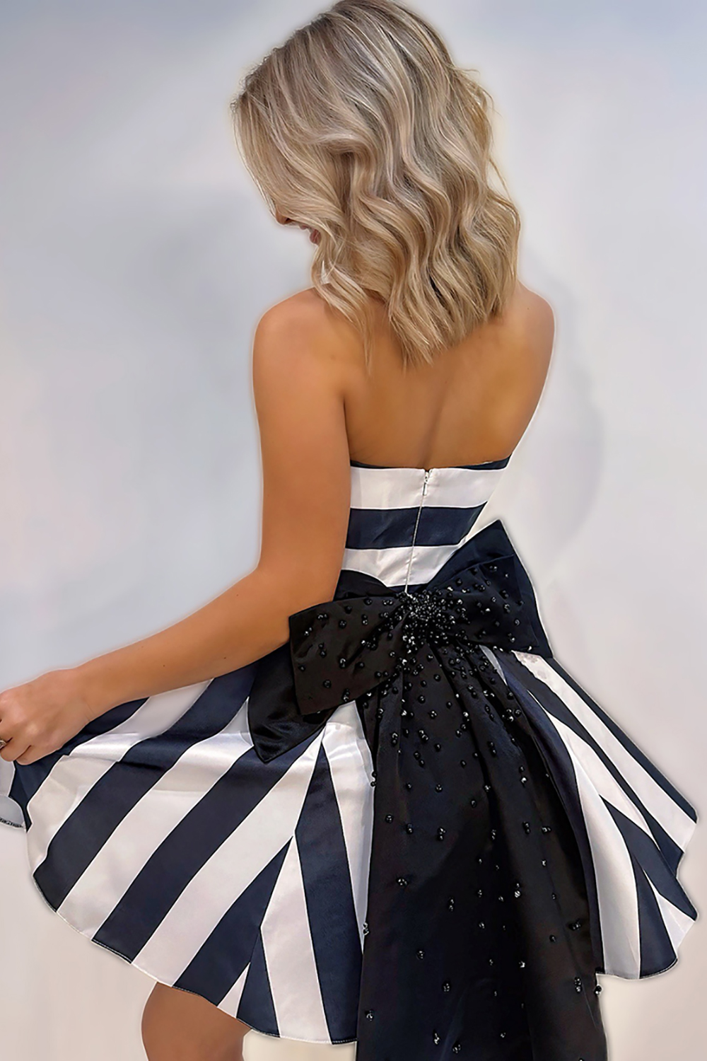 Sparkly Black and White Striped Beaded Strapless Short Homecoming Dress with Bow