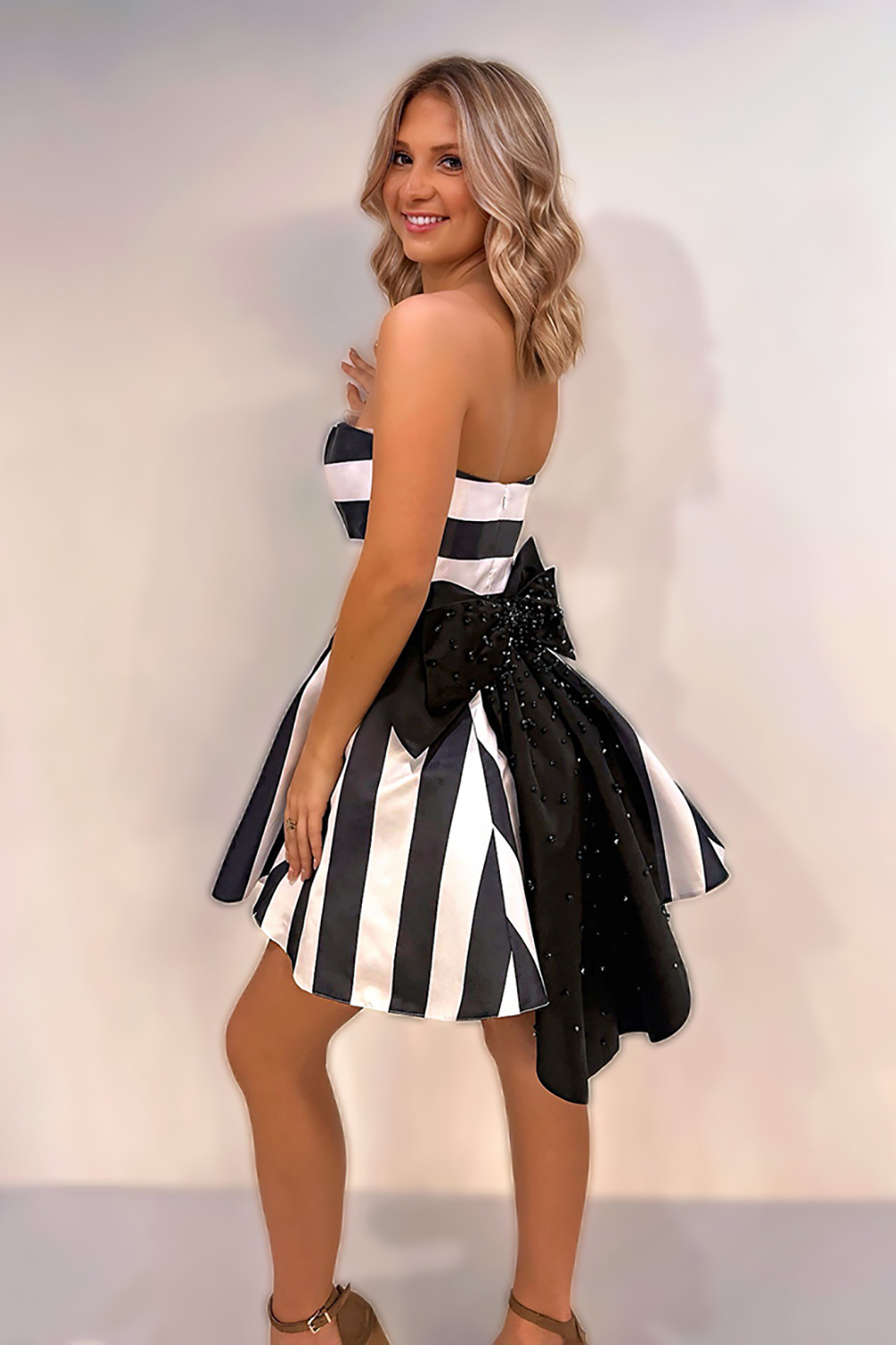 Sparkly Black and White Striped Beaded Strapless Short Homecoming Dress with Bow