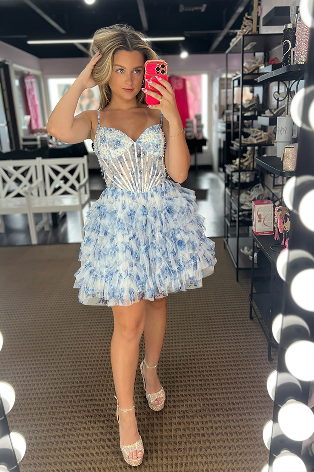 Light Blue A Line Floral Ruffled Short Corset Homecoming Dress with Pearls