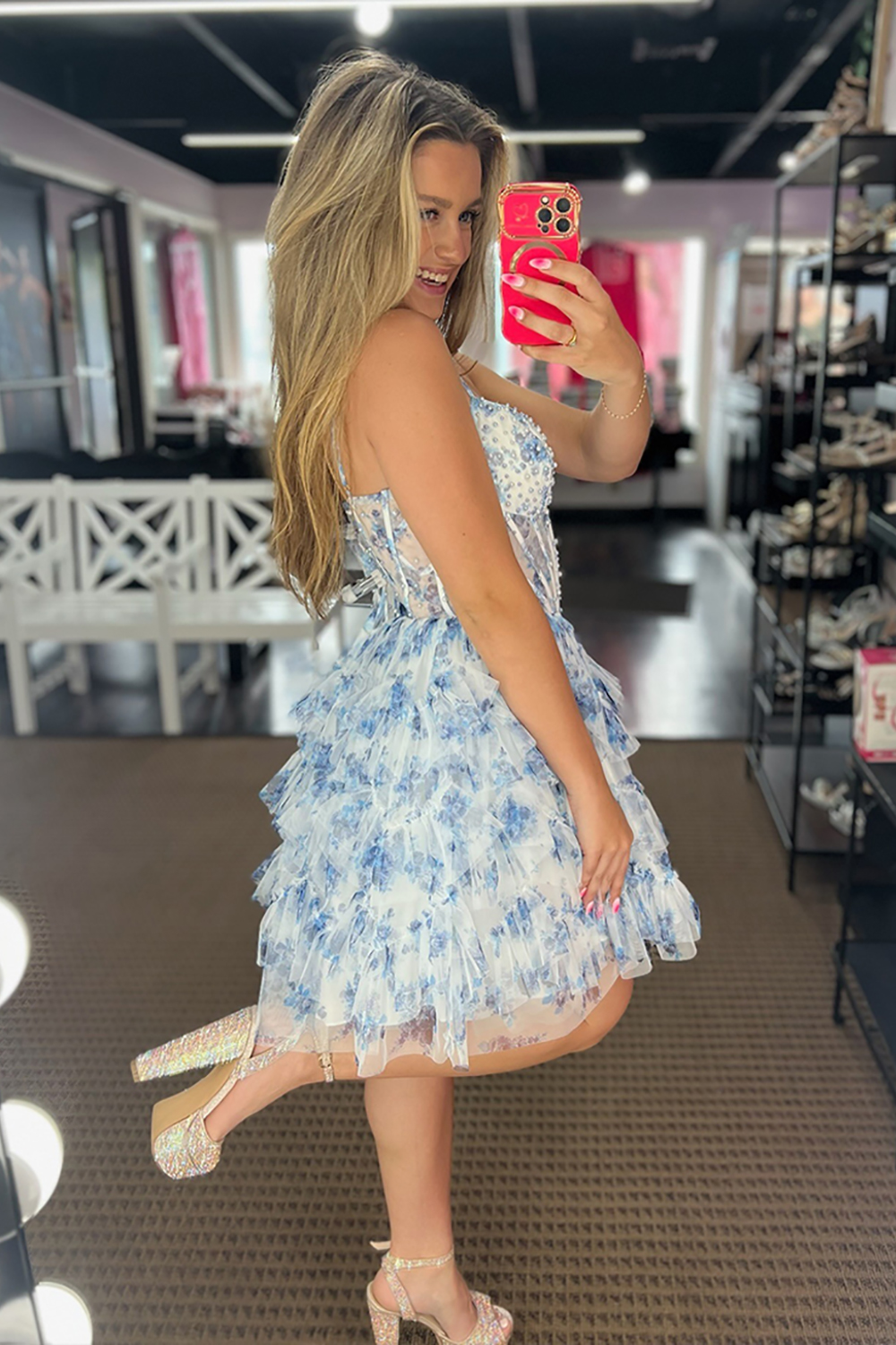 Light Blue A Line Floral Ruffled Short Corset Homecoming Dress with Pearls