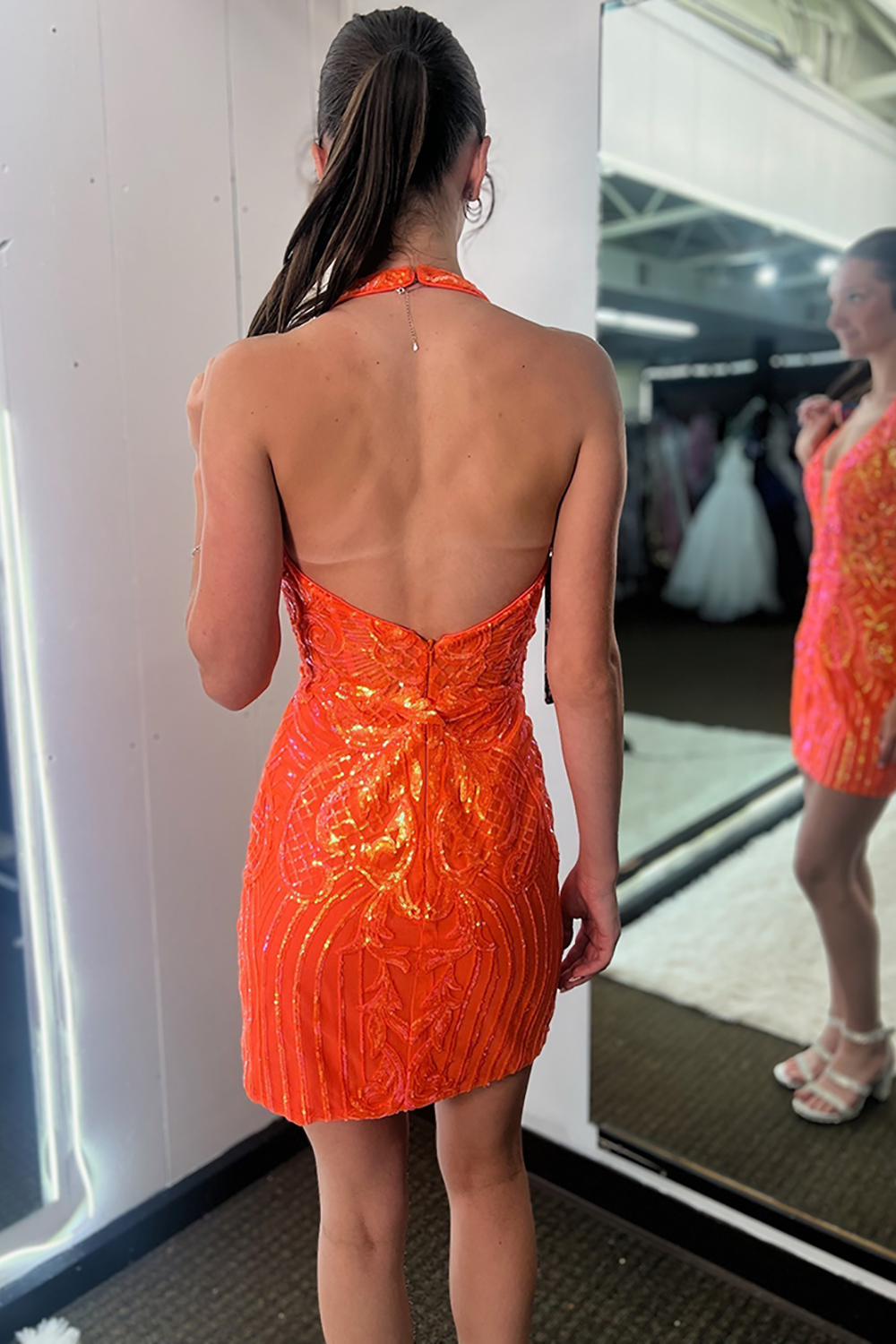 Sparkly Orange Sequin Halter Tight Short Homecoming Dress