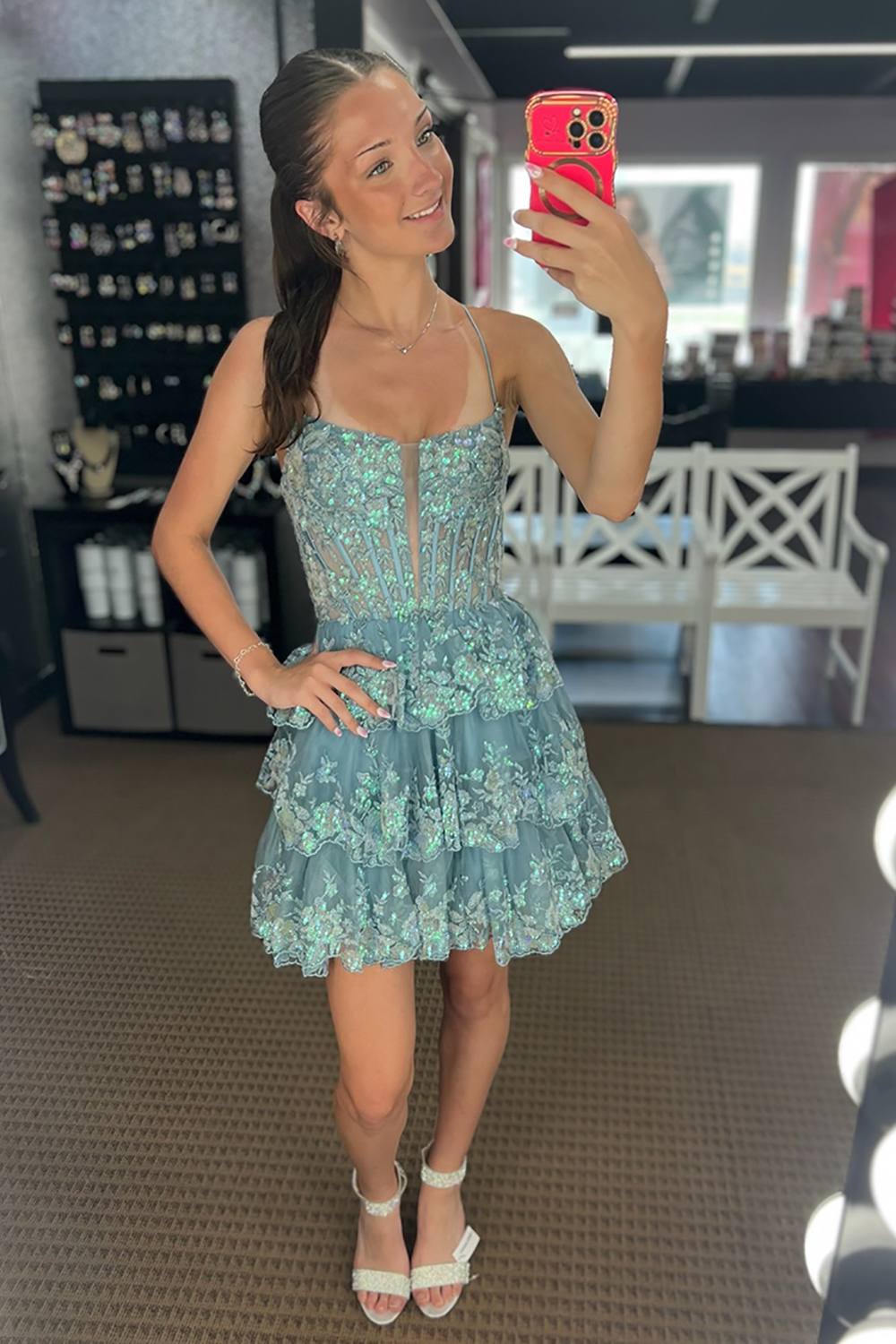 Grey Blue A Line Ruffled Short Corset Homecoming Dress with Sequins